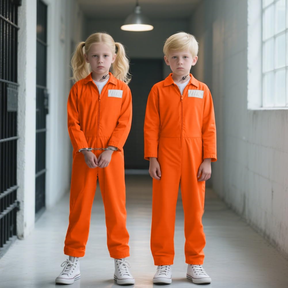 Detalle 2 de BSBUY 5133619 gevangenenkostuum voor kinderen, oranje overall met handboeien