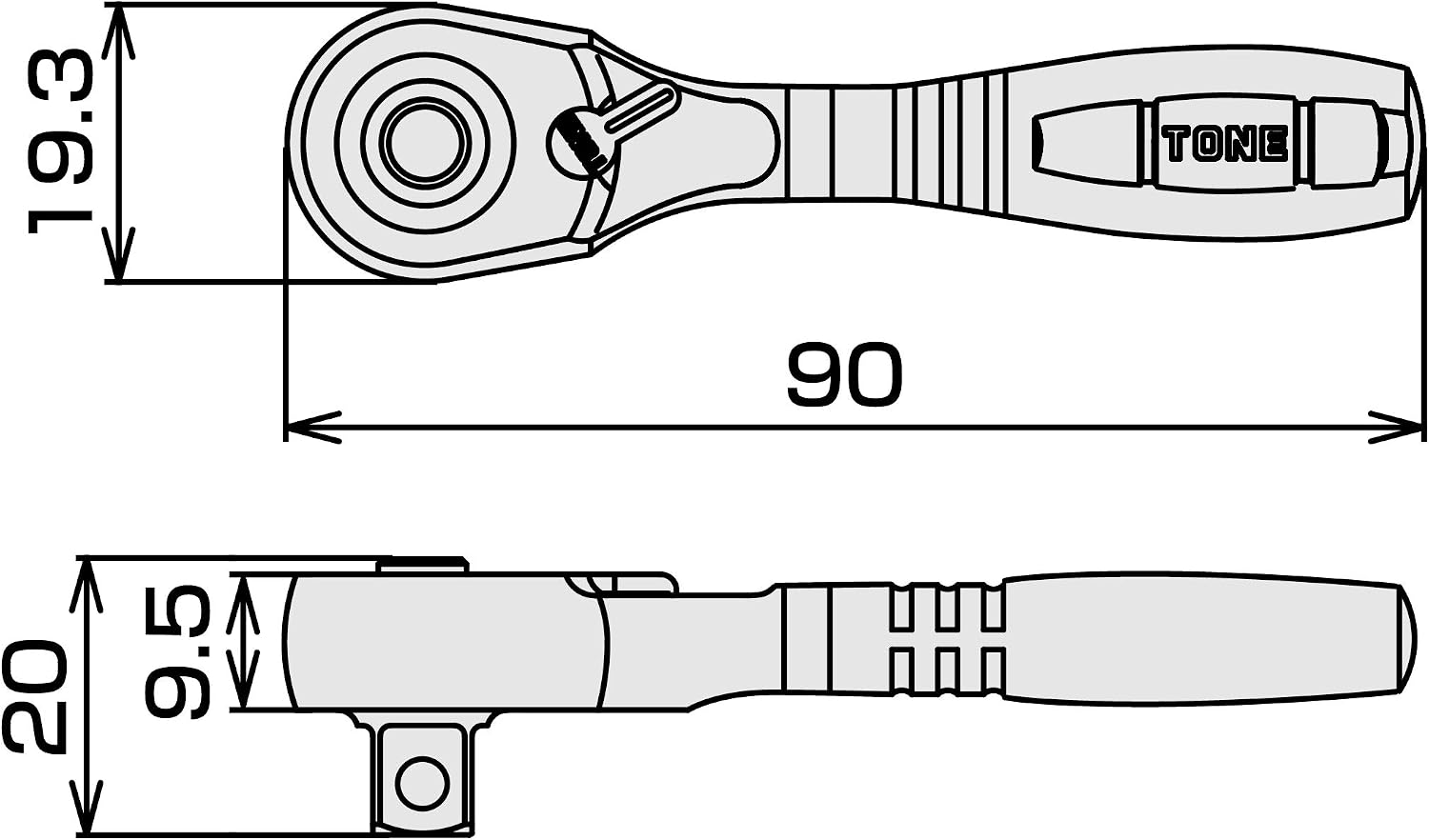 Detalle 1 de トネ(TONE) RH2HS ショートラチェットハンドル 6.35mm・送り角5°・72枚ギア