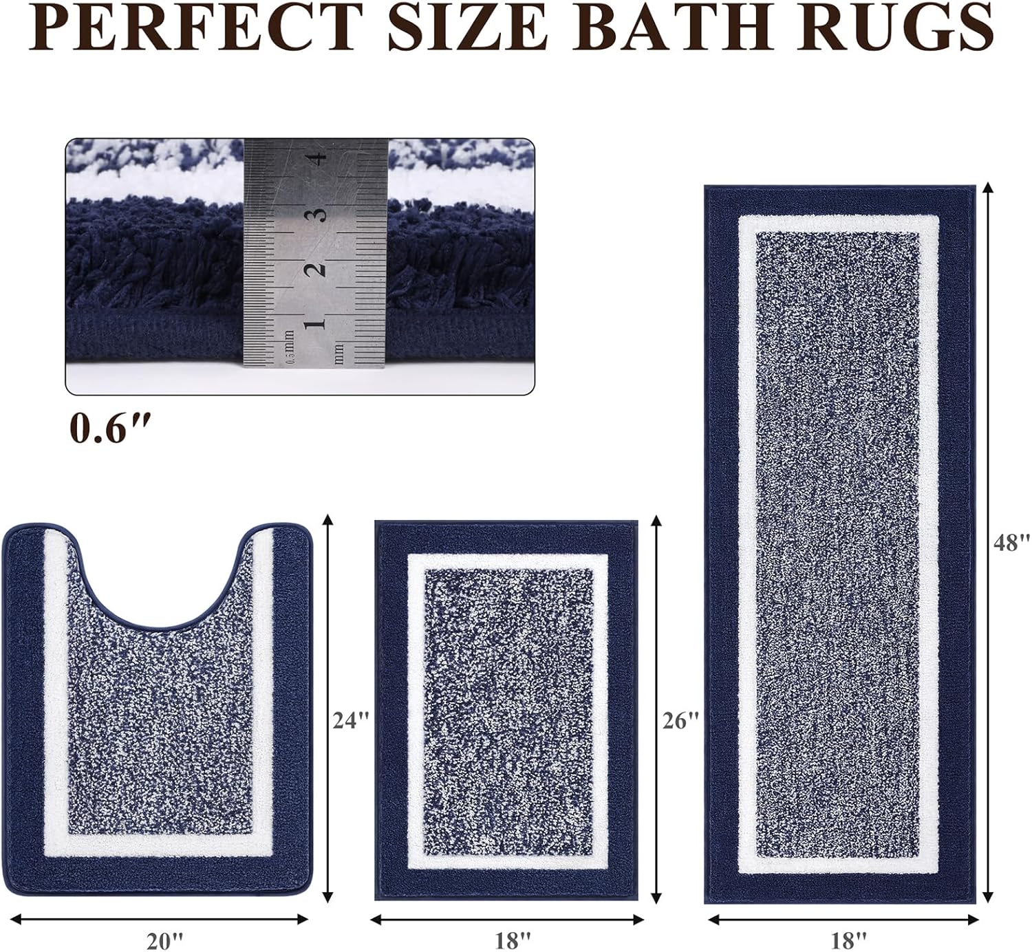 Thumbnail 1 de Pauwer 3 Piece Bath Mat Set: Non-Slip Plush Rugs with U-Shaped Toilet Mat in Navy