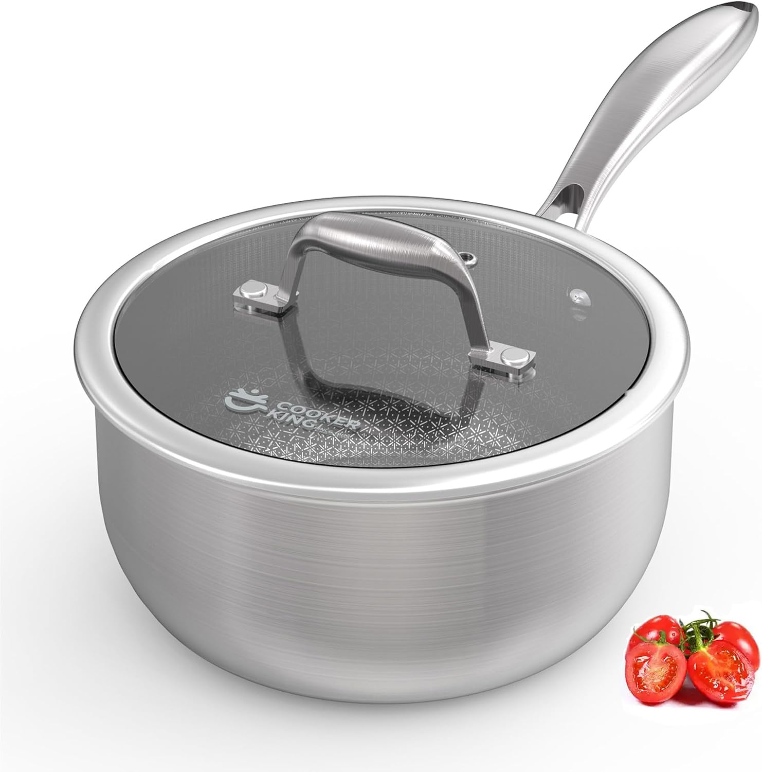 COOKER KING 3 Quart Stainless Steel Saucepan with Lid: Tri-Ply Ceramic Nonstick, Metal Utensil Safe