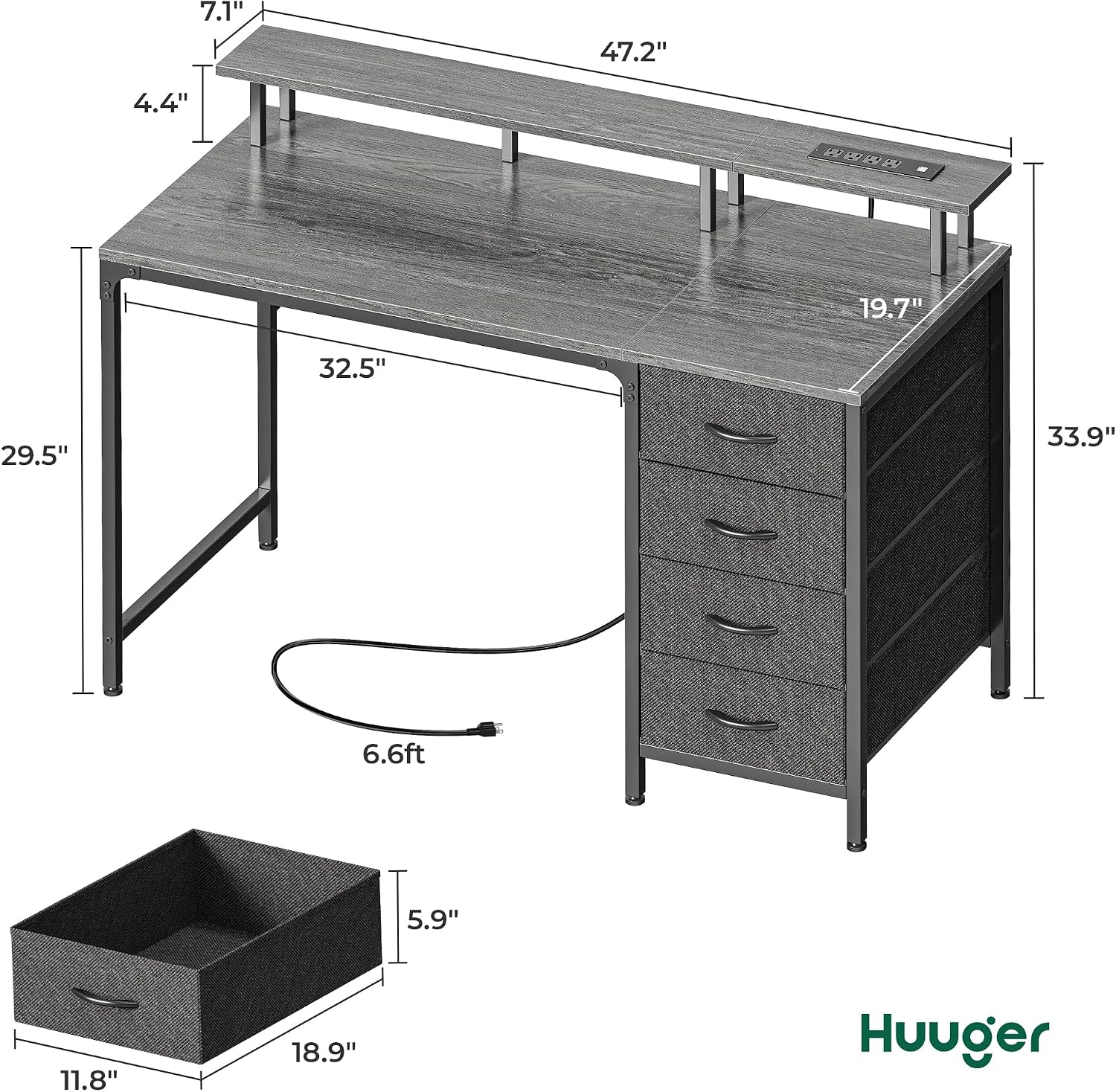 Detalle de Huuger 47 Inch Computer Desk with Power Outlets and LED Lights (4 Drawers, Monitor Stand)