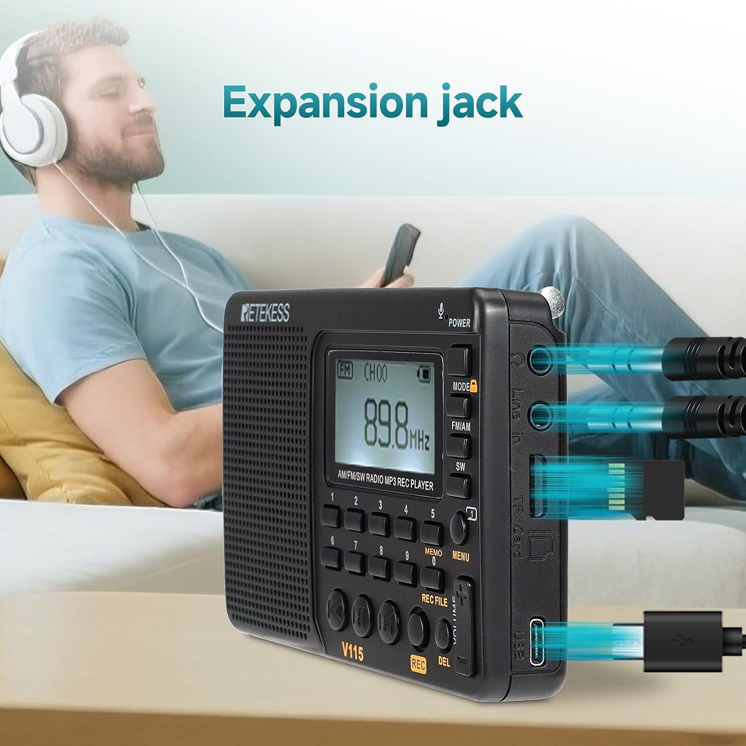 Detalle 1 de Retekess V115 draagbare radio met AM/FM/SW, LCD-scherm en opnamefunctie