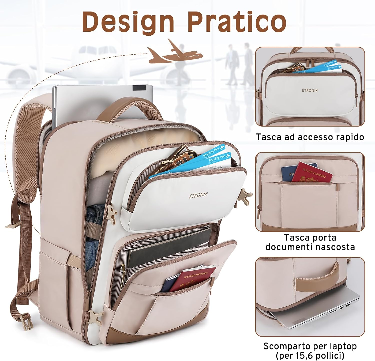 Detalle 2 de ETRONIK Zaino Ryanair 40x30x20 cm, 24 L: zaino da viaggio impermeabile con scomparti per PC fino a 15