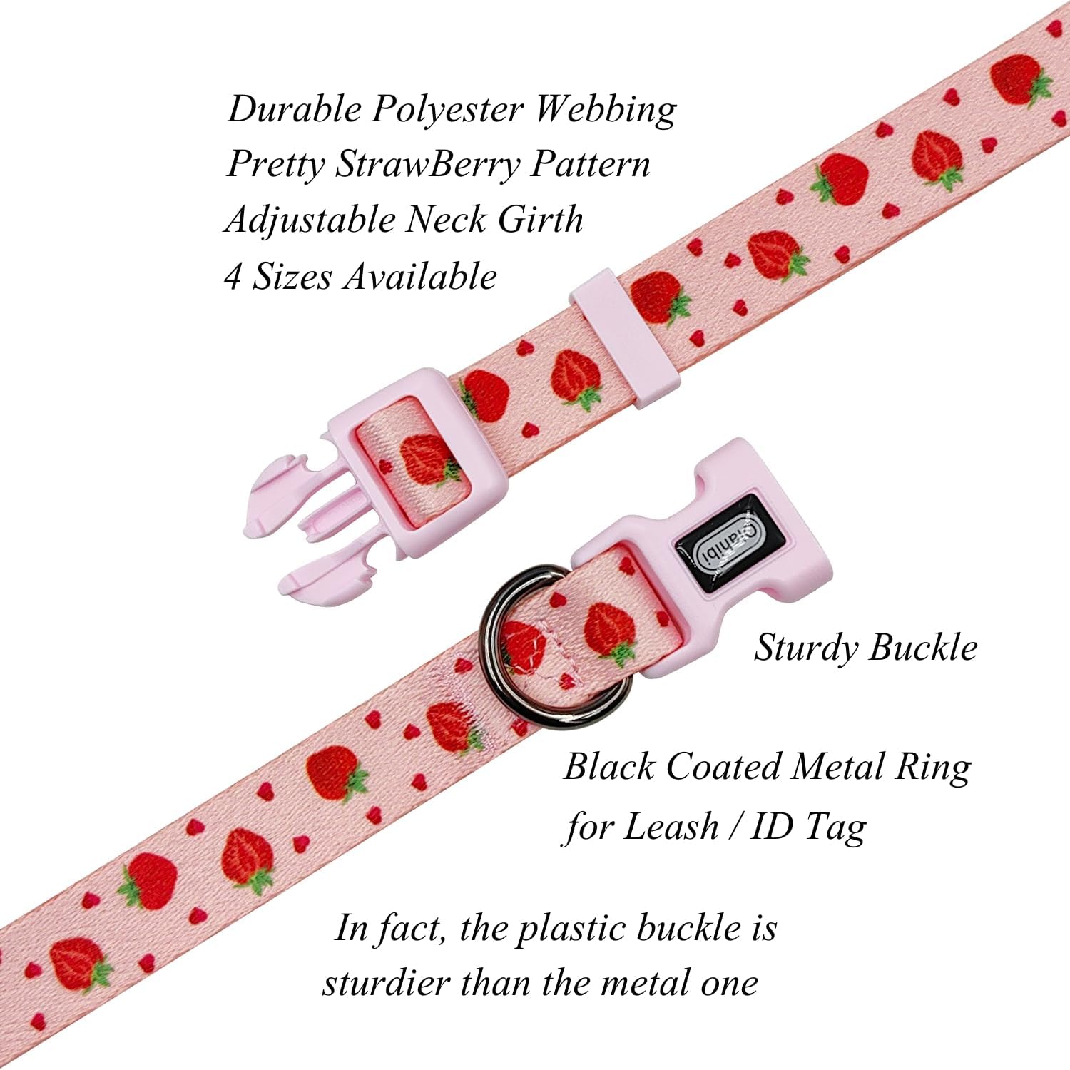 Detalle 2 de Olahibi Strawberry Pattern Dog Collar and Leash Combo Set (XS) – 150cm Leash, Polyester, Small Puppies