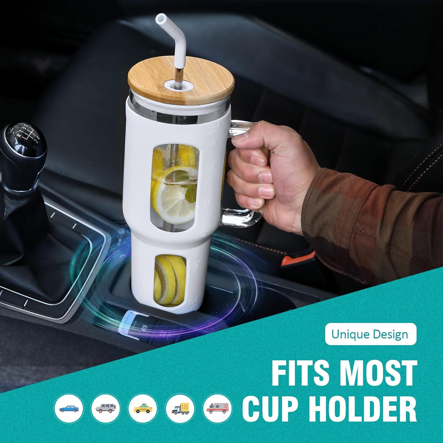 Thumbnail 3 de BLUEGO gobelet en verre avec couvercle 1400 ml, poignée et 2 pailles (sans BPA) – blanc