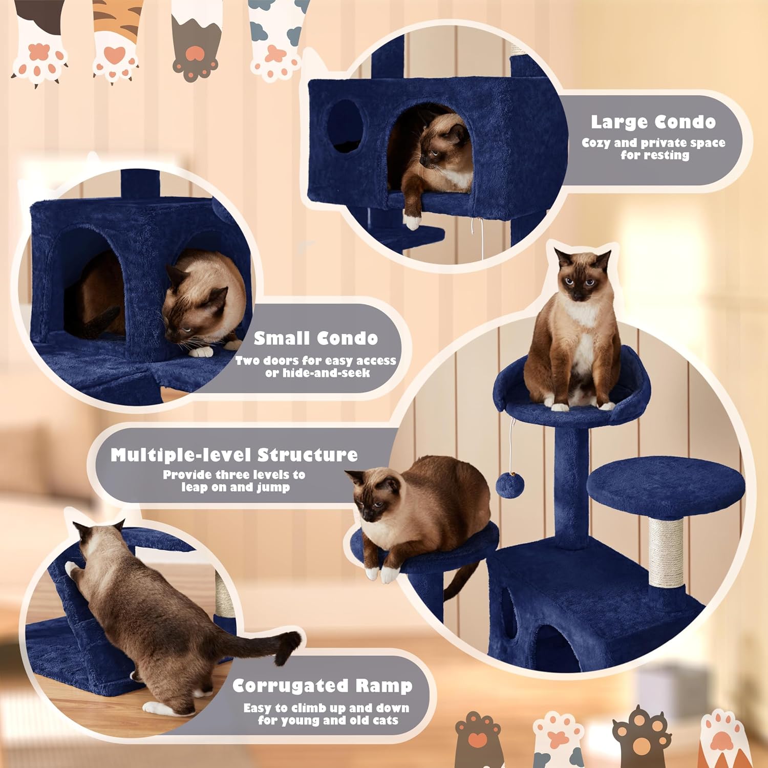 Detalle 2 de Yaheetech YT-cat tree 20180517-54 Cat Tree Tower, 5 Levels, Navy Blue