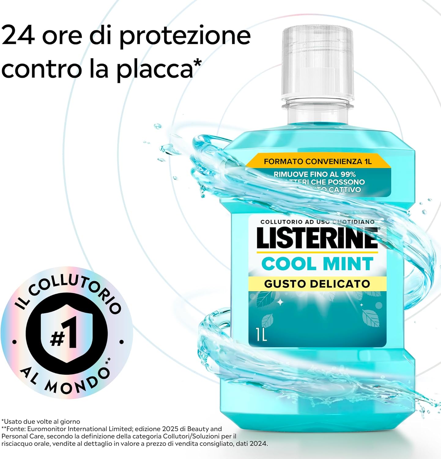 Detalle de Listerine Cool Mint Collutorio 0% Alcool, 2x1L: igiene orale completa con oli essenziali