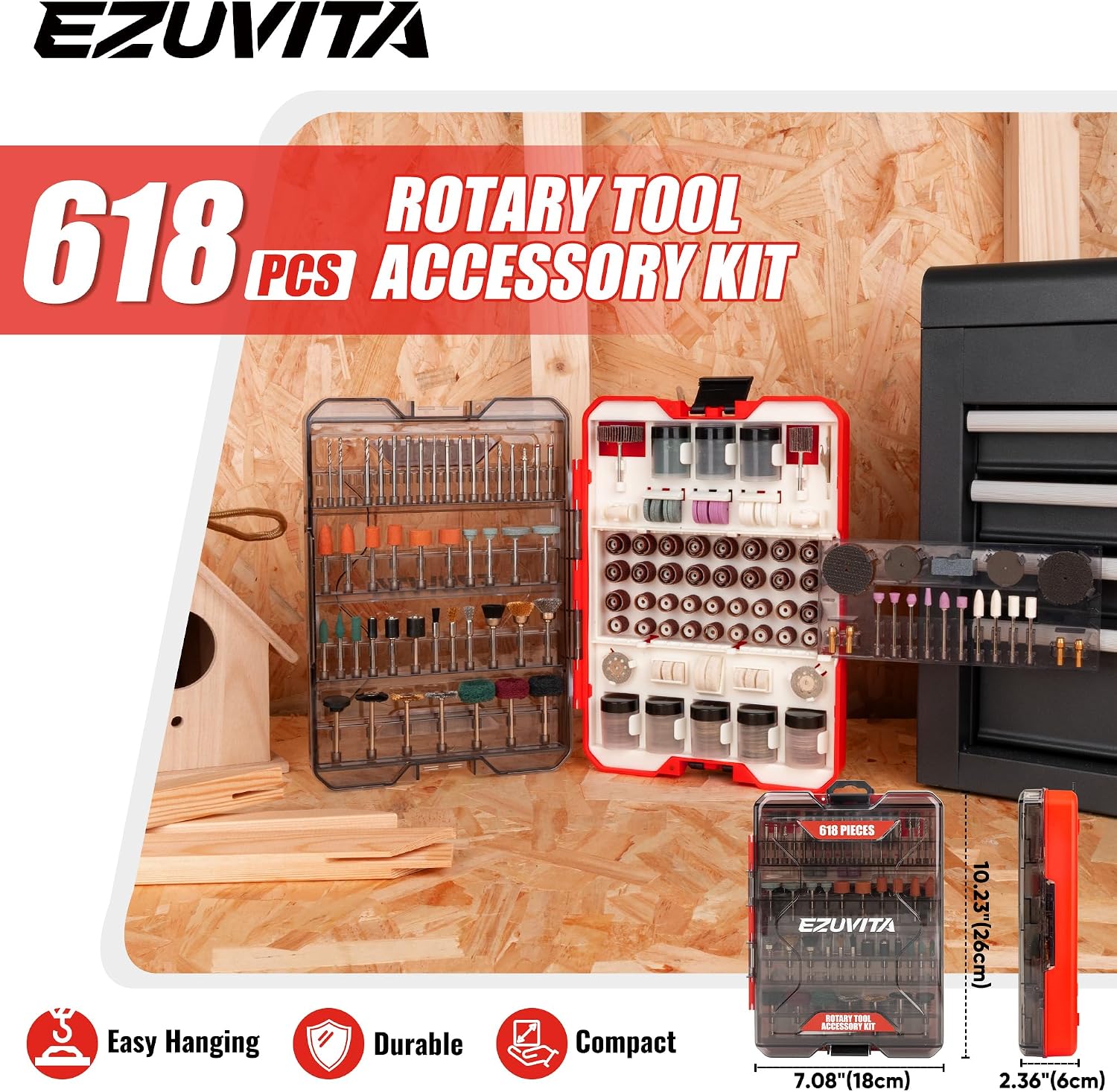 Thumbnail 1 de EZUVITA 618PCS Rotary Tool Accessories Kit (Red) with Portable Storage Case – Universal fit for Dremel-style tools