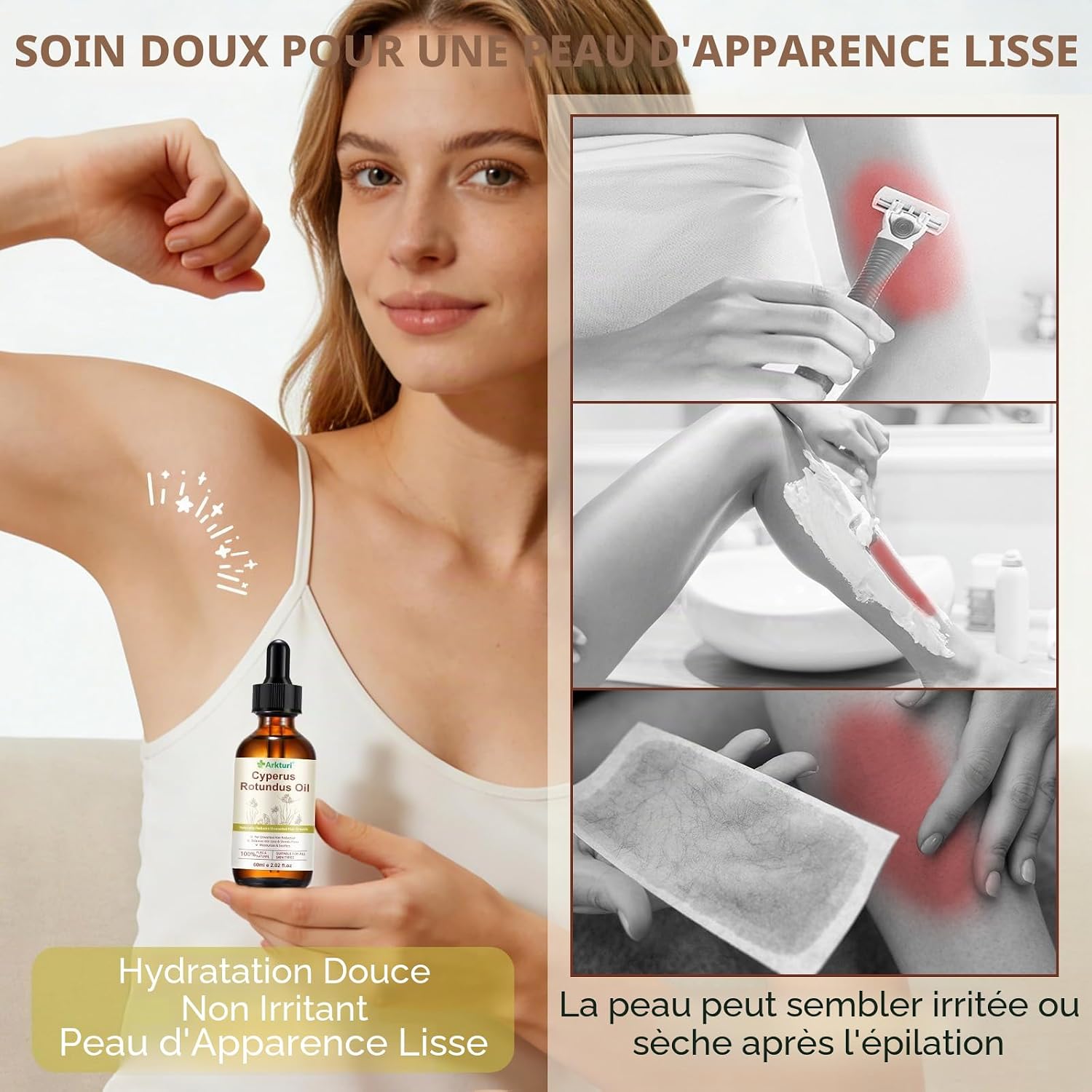Detalle de Huile de Souchet Anti Poils 60 ml – Huile Cyperus Rotundus, épilation douce et hydratante