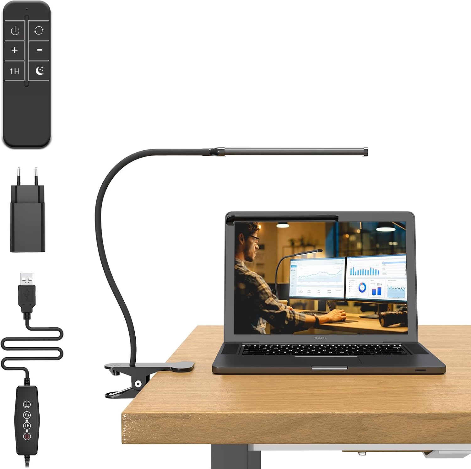 Detalle de Mojimdo TBL401RF-BK LED-bureaulamp met klem, afstandsbediening en 3 lichtkleuren