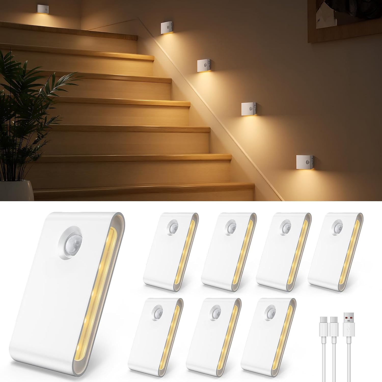 Detalle de EZVALO 8-Pack Motion Sensor Night Lights, Rechargeable 1500mAh, Warm White