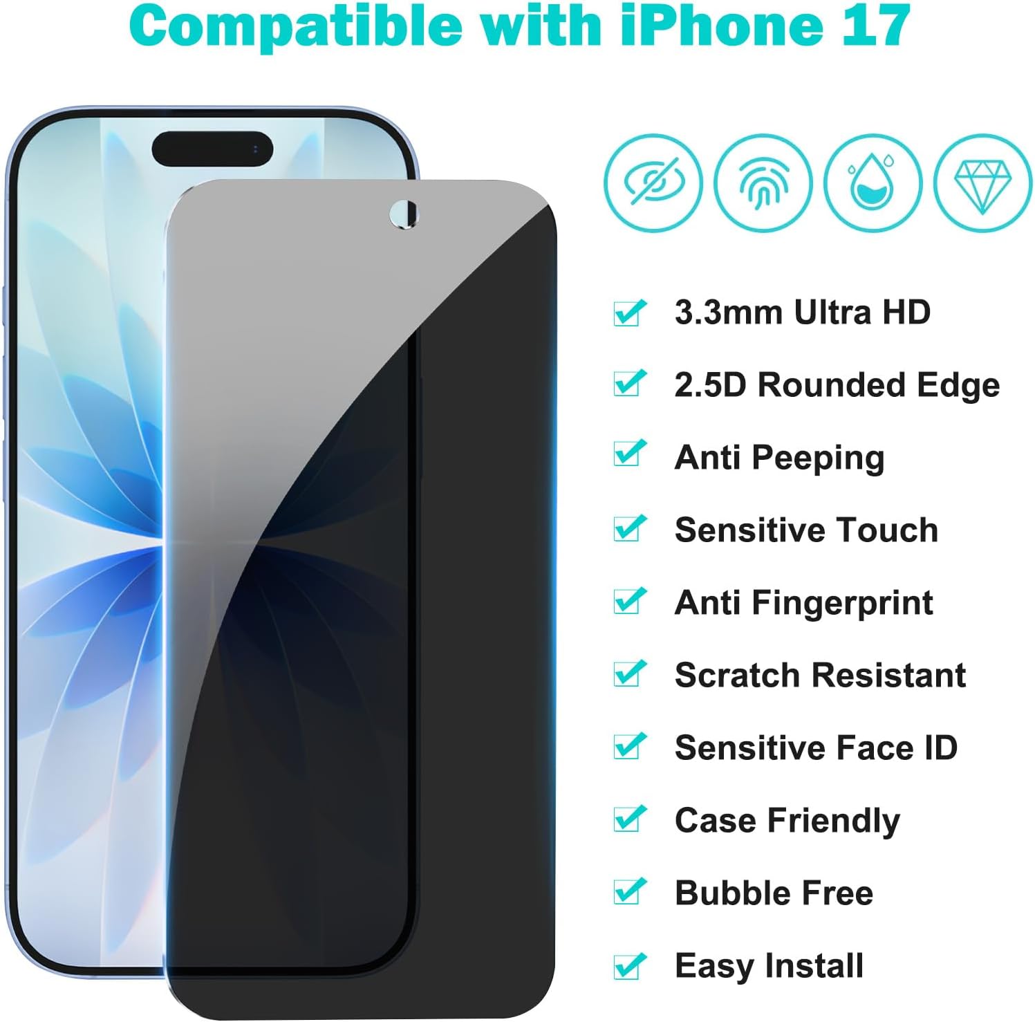 Thumbnail 1 de PEHAEL 3+3 Pack for iPhone 17 Privacy Screen Protector with Camera Lens Protector – Full Coverage, Anti-Spy, 9H Tempered Glass