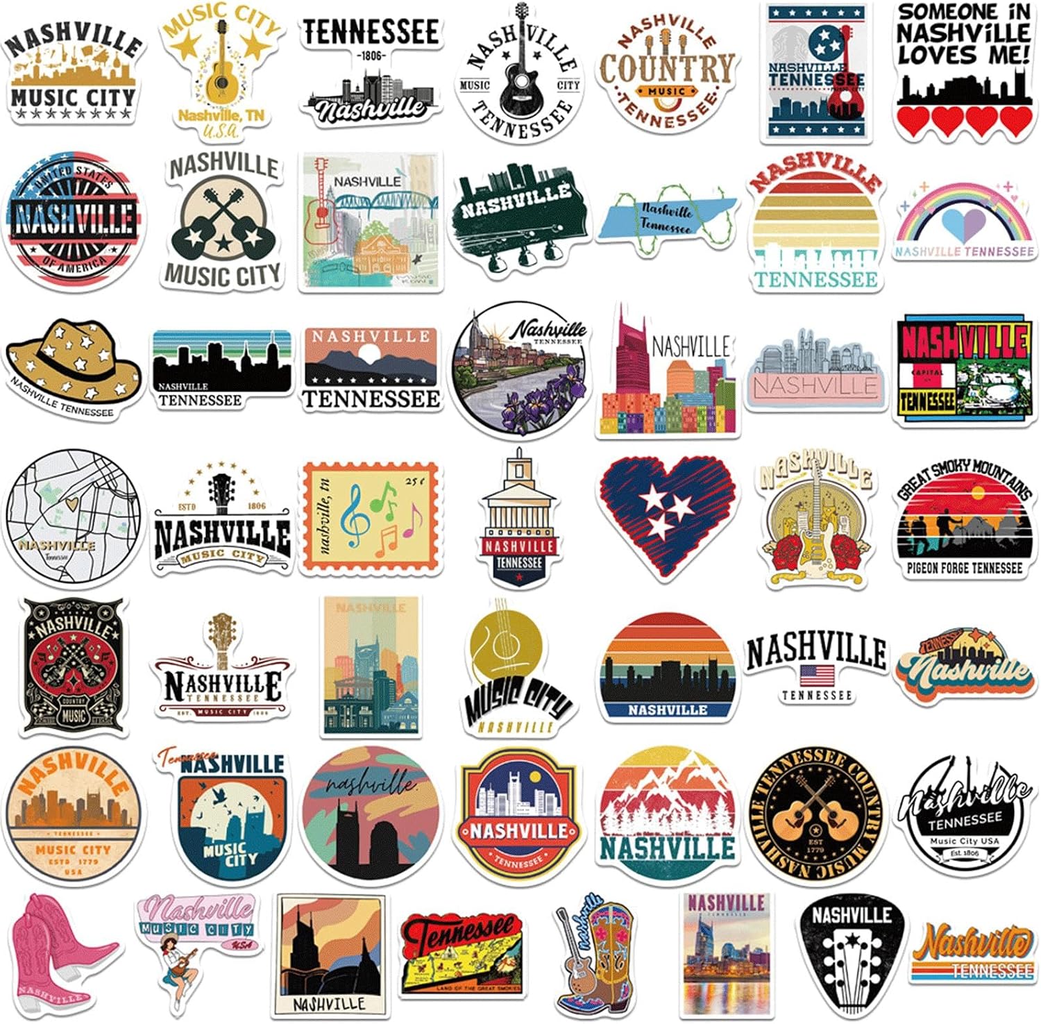 Detalle de Tufeifrank Nashville Tennessee Vinyl Stickers, 50-Piece Waterproof Set