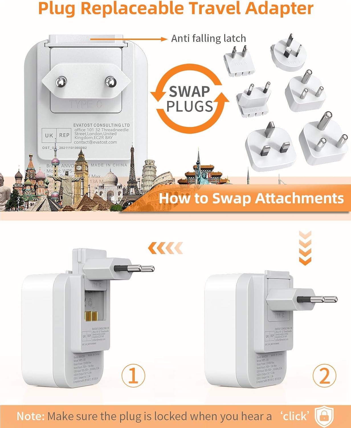 Detalle de UK to Worldwide Travel Adapter Set with 6 removable plugs and 4 USB ports (2 USB-C)