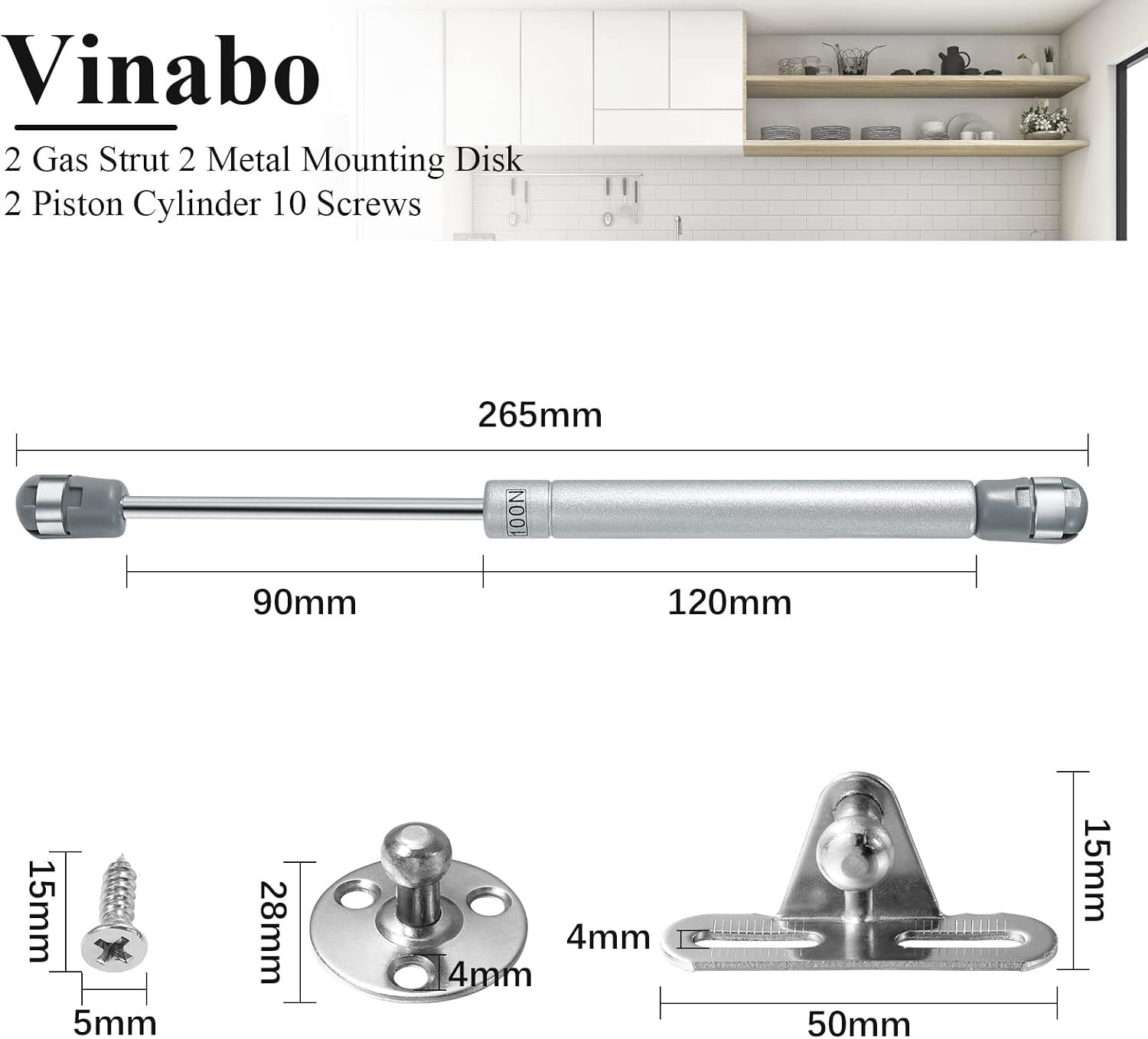Detalle de Vinabo 2PCS Vérin à Gaz 100N pour meubles — Amortisseurs hydrauliques à gaz pour portes et placards