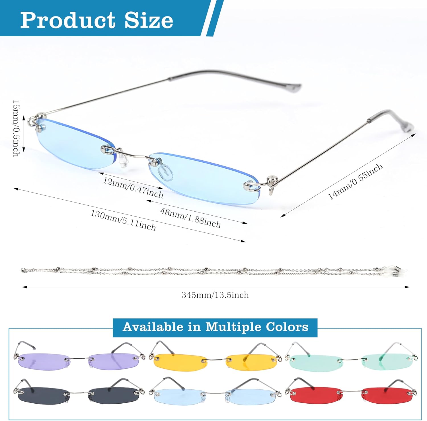 Thumbnail 1 de MEGAVOW rimless rectangle skinny sunglasses with ocean lens (small narrow fit)