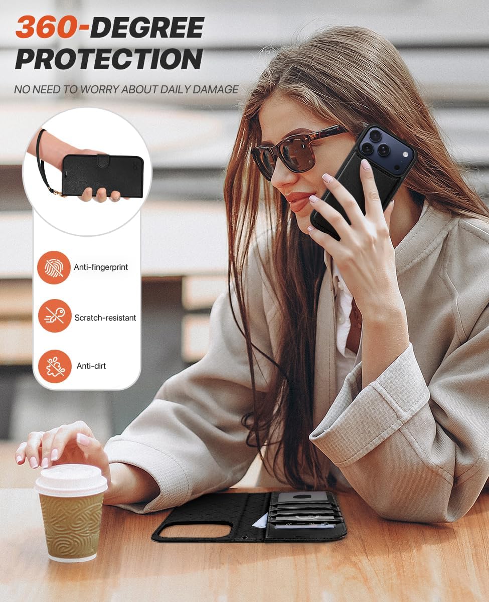 Thumbnail 6 de OCASE Handyhülle für iPhone 17 Pro Max – 2-in-1 Magnetische Premium PU Leder Hülle mit Kartenfach, RFID-Schutz und Standfunktion (Schwarz, Litschi)