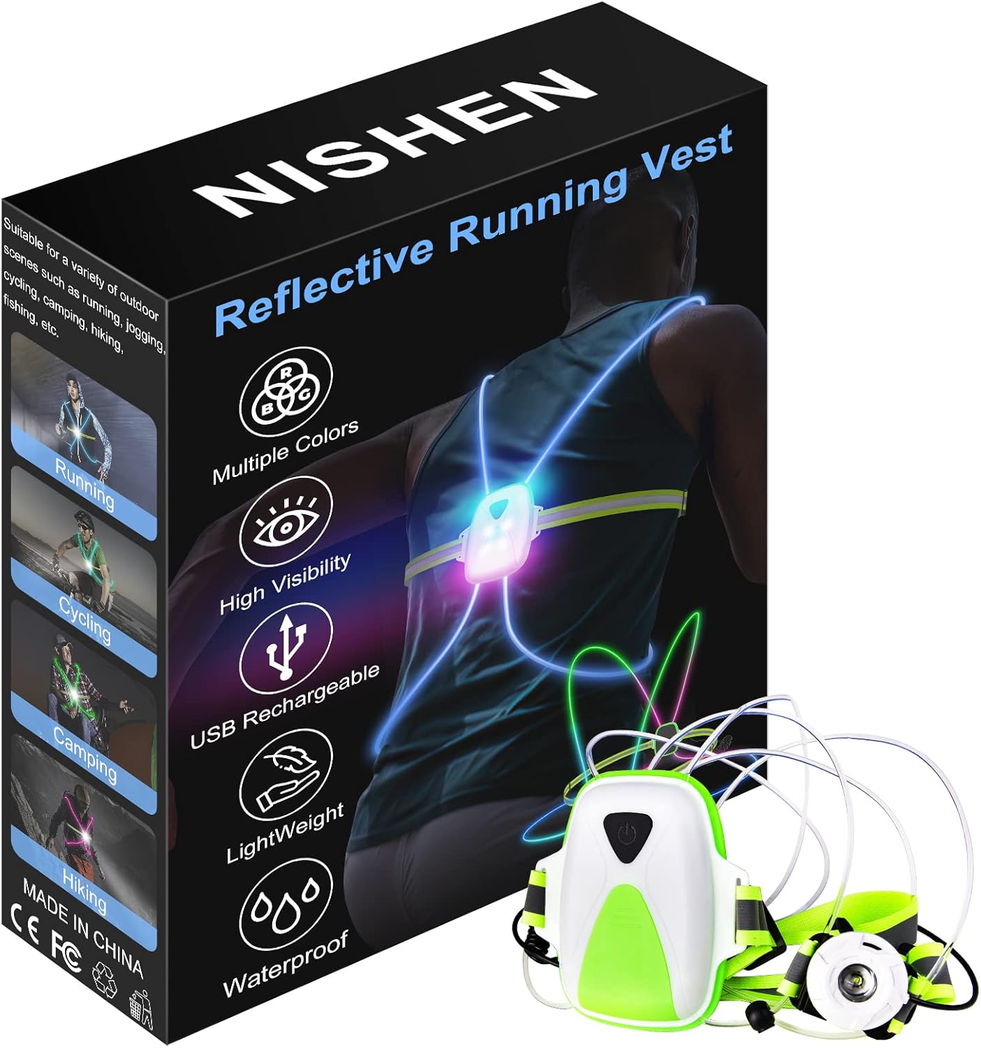 Detalle de Ni-SHEN Reflective Running Vest with Front Light, 360° Illumination and 9 Modes