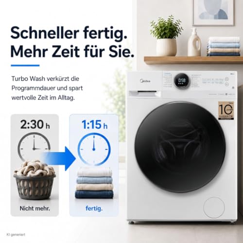 Detalle de Midea MF200W80WB-14AS: 8 kg Waschmaschine mit Inverter, App-Steuerung und Turbo Wash