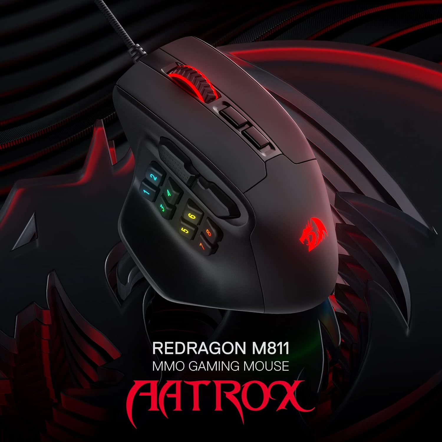Detalle de Redragon M811 Aatrox MMO mouse da gioco cablato con 15 pulsanti programmabili e RGB