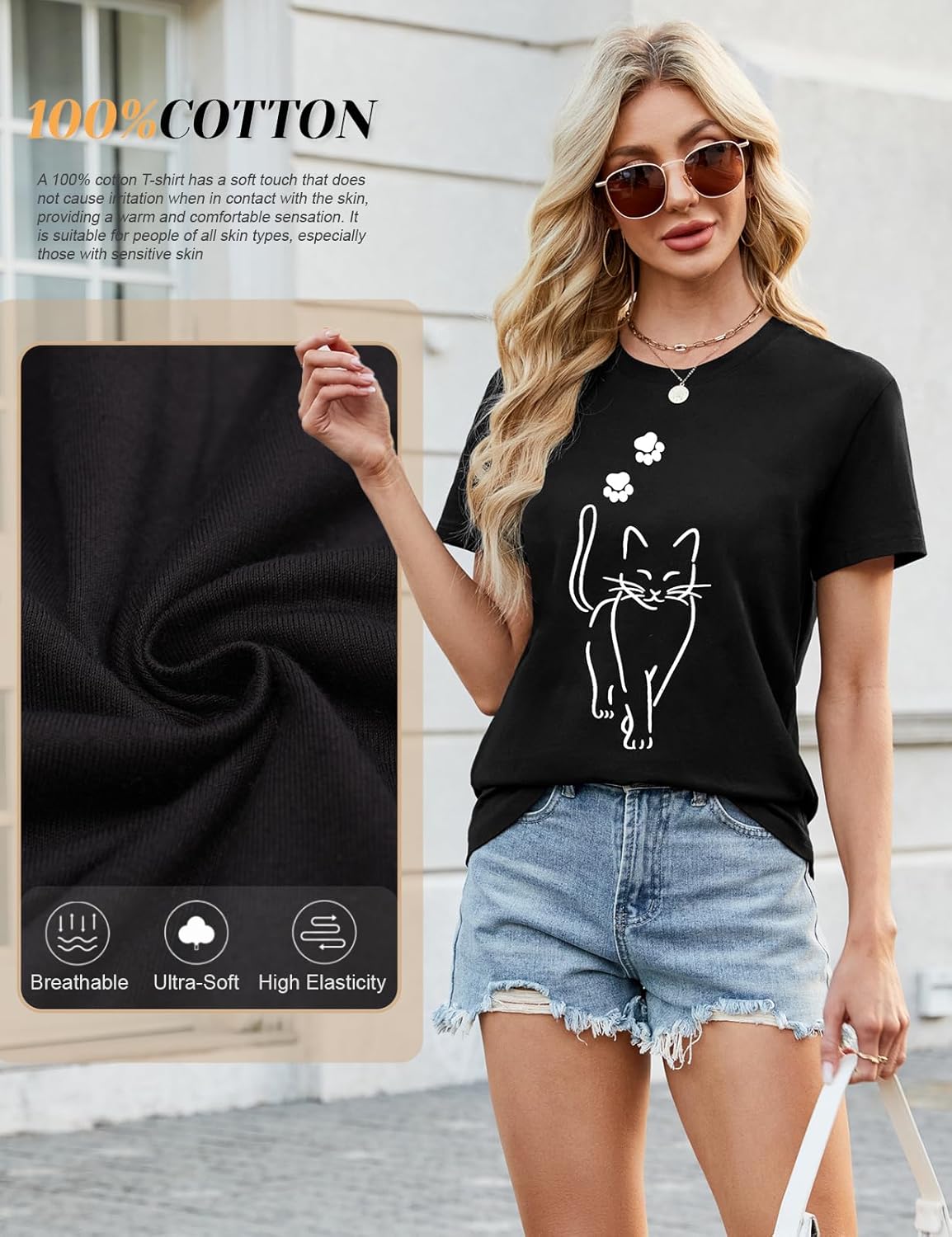 Thumbnail 3 de TOMEEK T Shirt Donna Cotone Nera a Collo Rotondo - Maglietta a Manica Corta con Stampa Casual