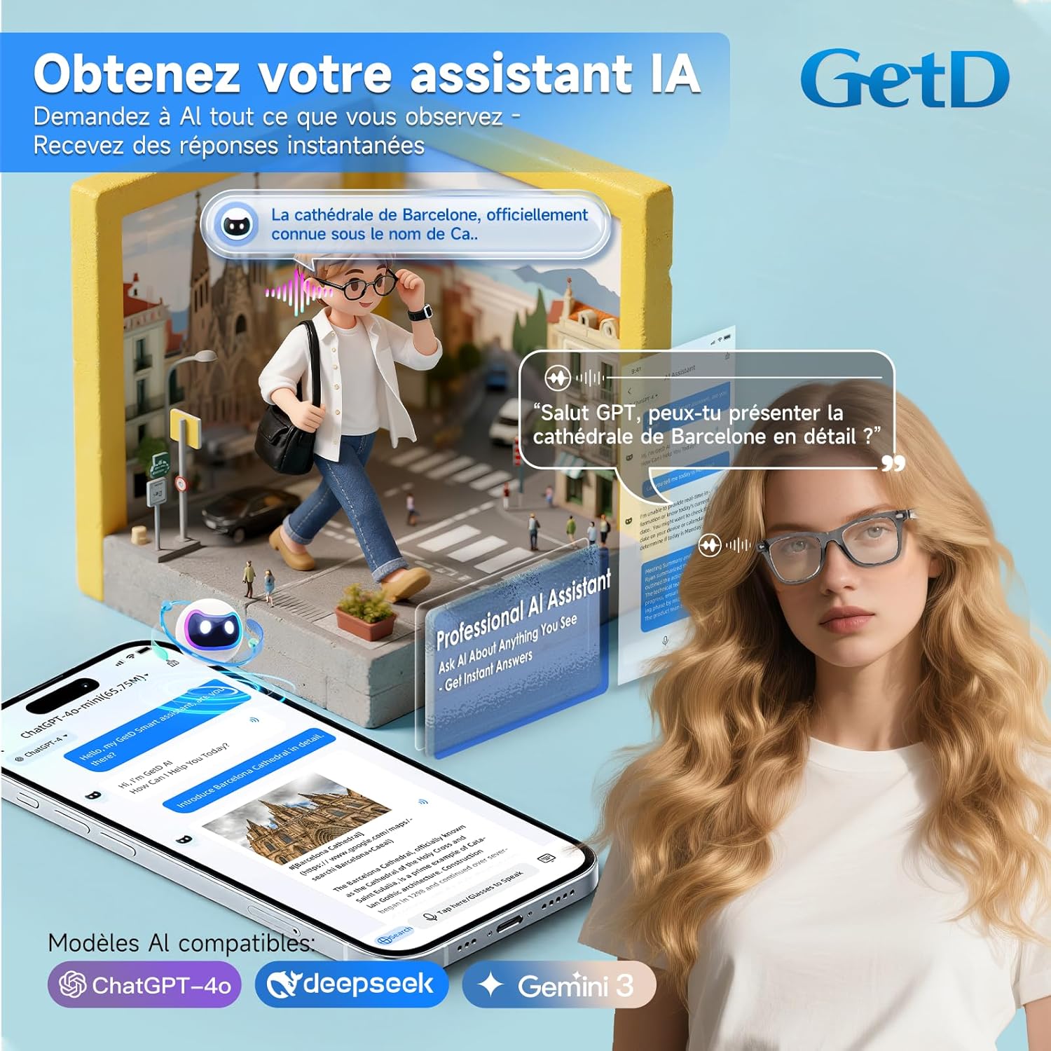 Detalle de Lunettes AI GetD: lunettes intelligentes 3 en 1 avec traduction IA et audio sans fil