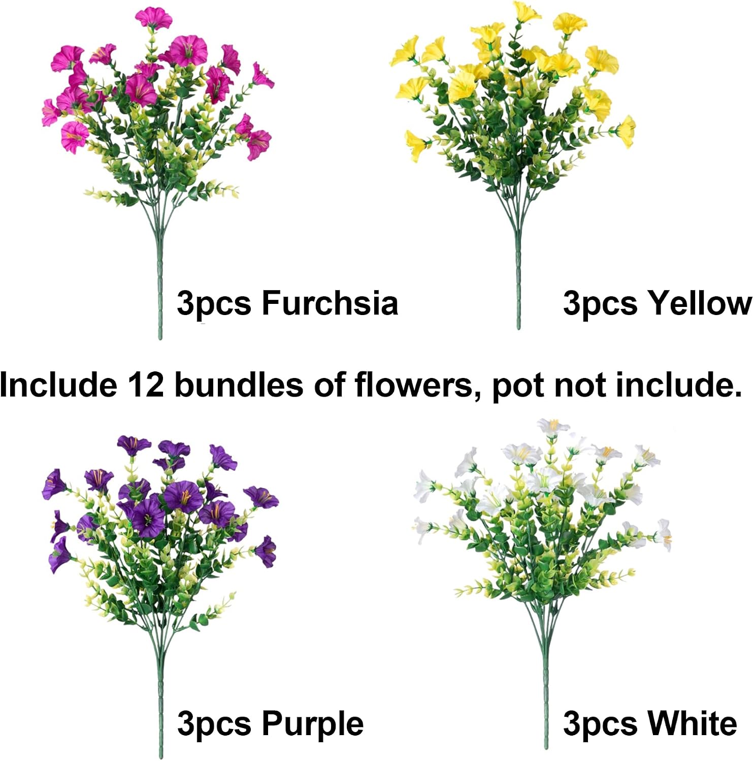 Thumbnail 4 de 12 Bundles Silk Morning Glory & Eucalyptus Artificial Flowers for Outdoor Decoration (UV Resistant, No Fade)