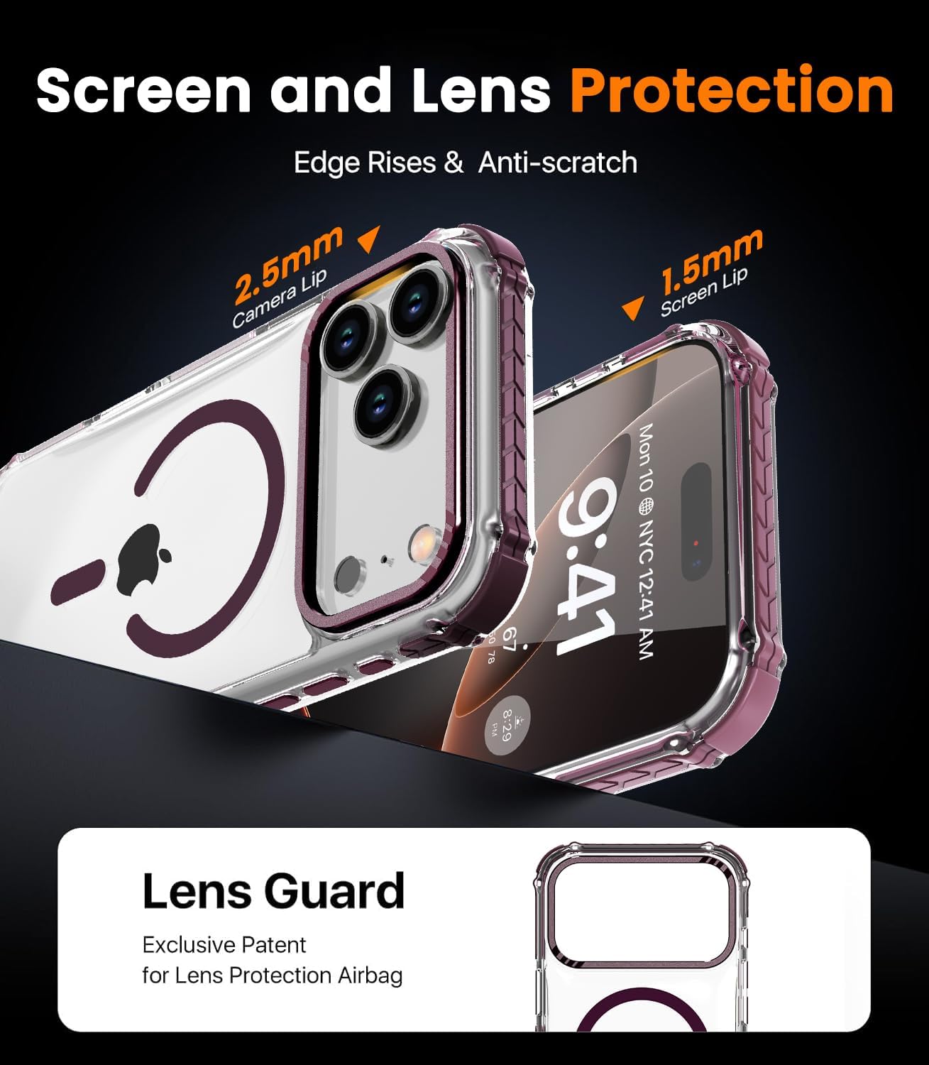 Detalle 2 de DEERLAMN Clear & Burgundy Case for iPhone 17/18 Pro Max, MagSafe Compatible