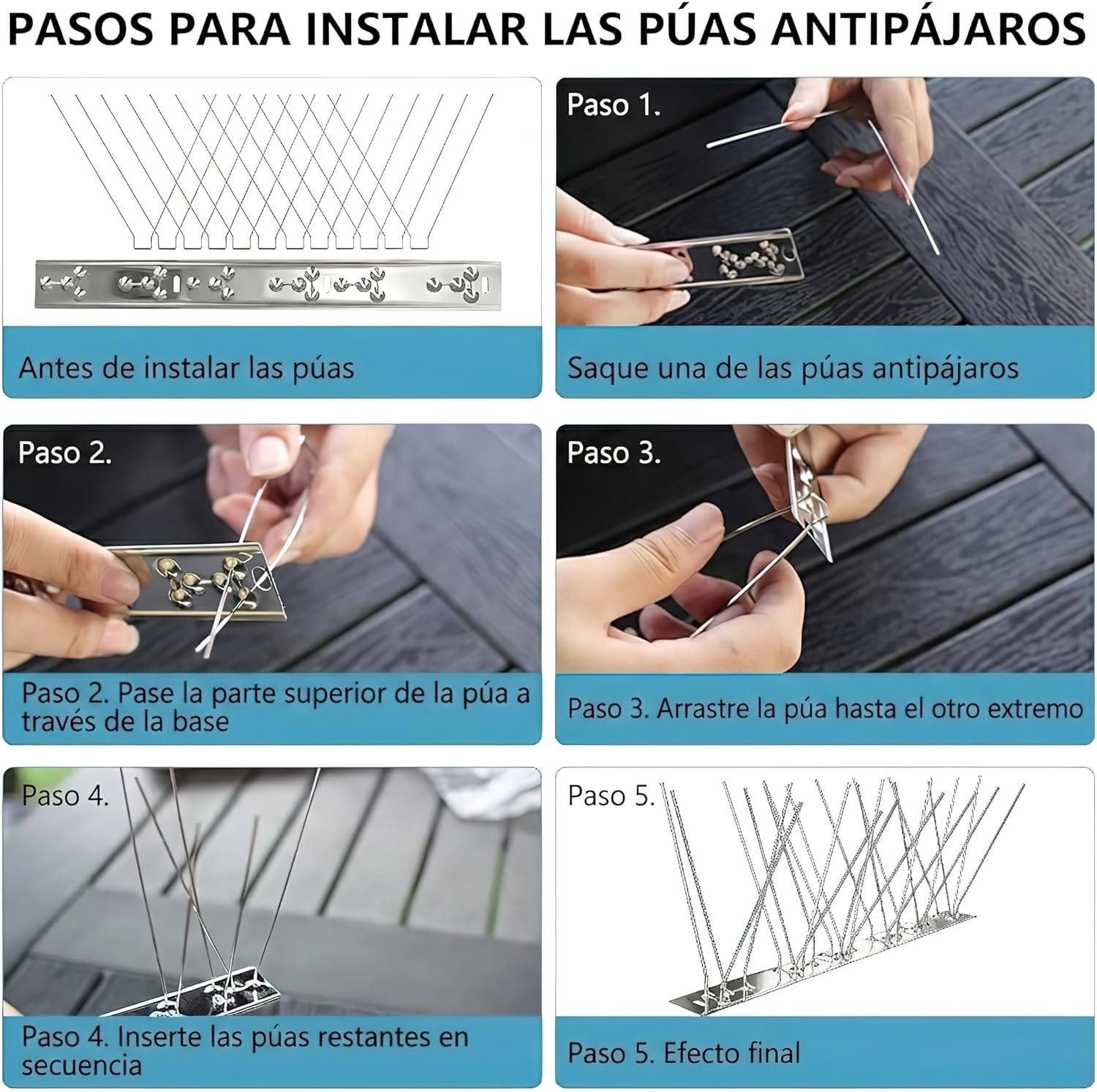 Detalle de KOKMEYA Pinchos antipalomas de acero inoxidable 304 (1 m, 4 piezas de 25 cm) con tornillos y bridas para balcón, canalón y tejado