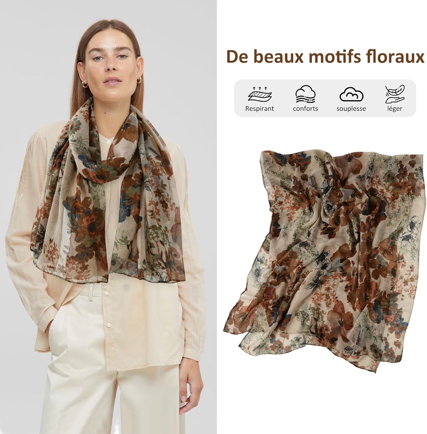 Detalle de Écharpe légère DAMILY pour femme à motif floral (tissu coton fin, 180 x 85 cm)