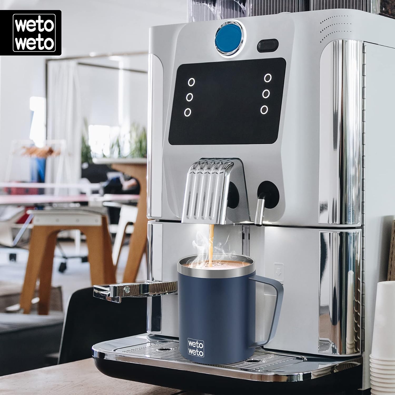 Detalle de WETOWETO 14 oz Vacuum Insulated Stainless Steel Coffee Tumbler with Lid (Navy Blue)