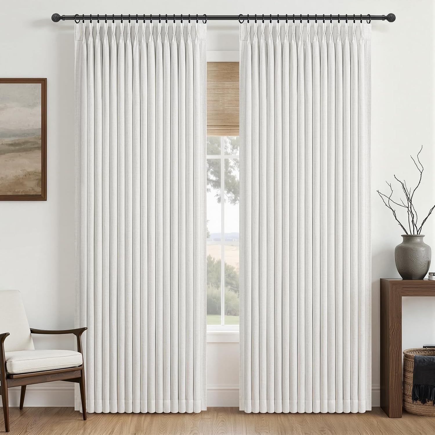 Detalle de LuxuNap 96-Inch Blackout Curtains, 50-Inch Linen-Blend Pinch Pleat Panels