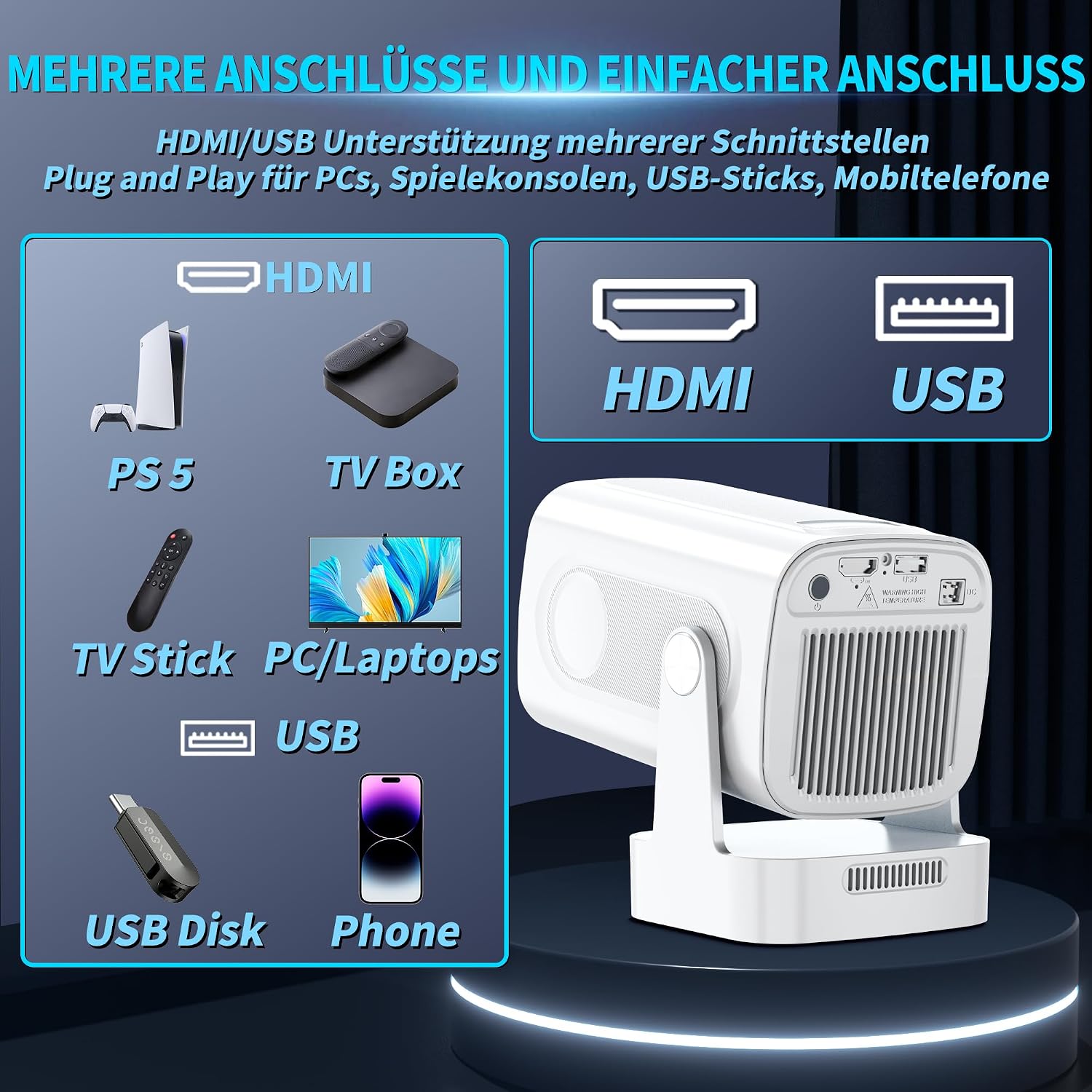 Thumbnail 3 de Mini Beamer 4K 1080P (2026) mit Auto-Fokus, Trapezkorrektur, WiFi 6 & Bluetooth 5.4 – tragbarer Projektor in Weiß