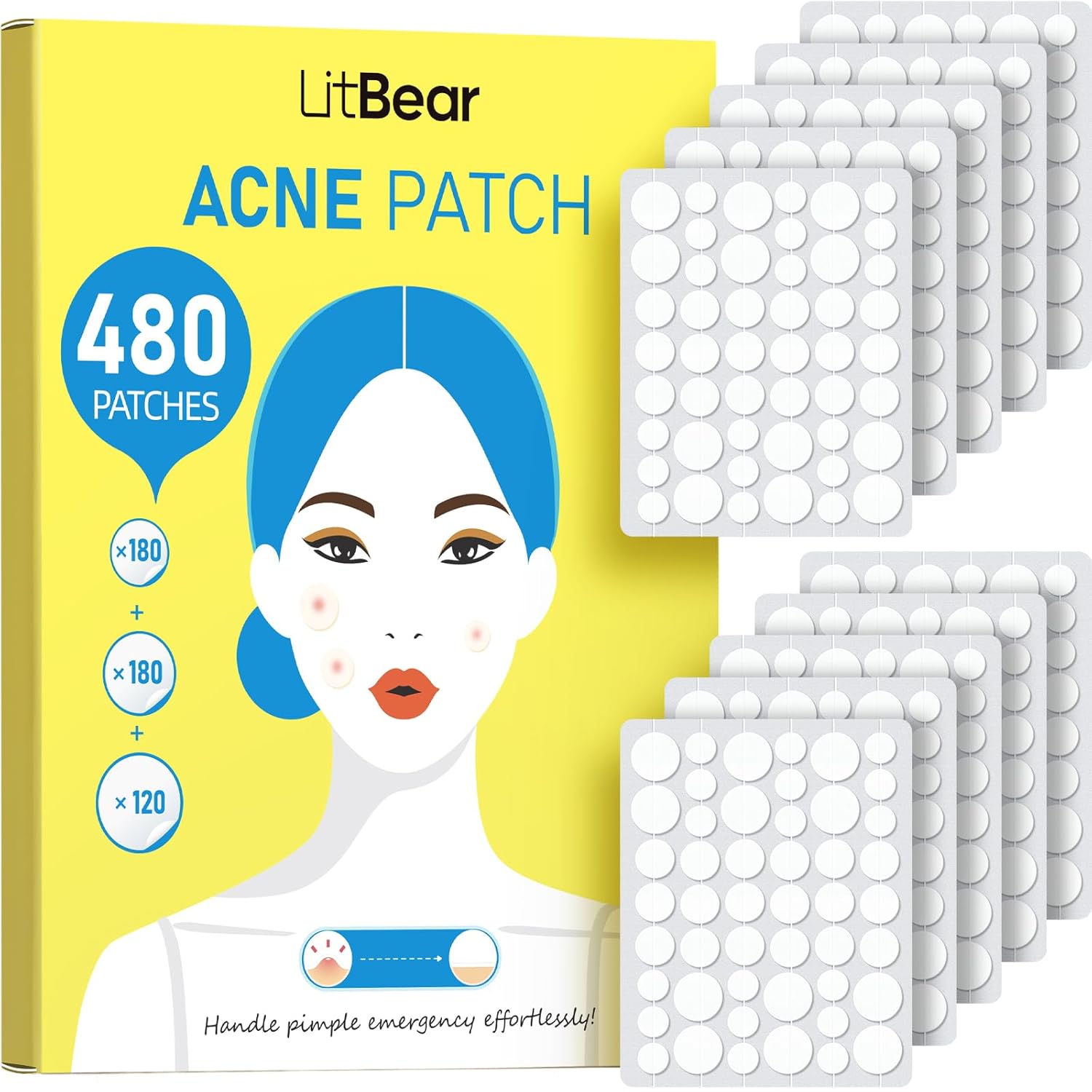 Detalle de LitBear Pickel Patch Großpack – 480 Hydrokolloid-Patches in 3 Größen (8/10/12 mm) für alle Hauttypen