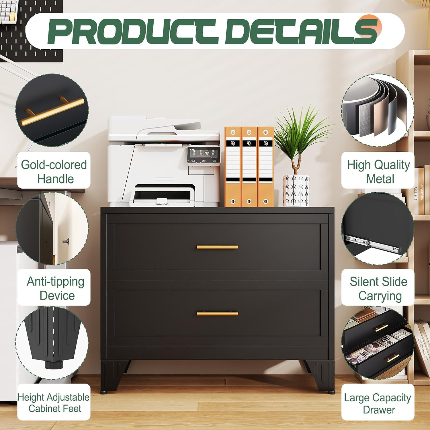 Detalle 2 de risuoge 998542 2-Drawer Metal File Cabinet, Black, with Wide Printer Stand Top