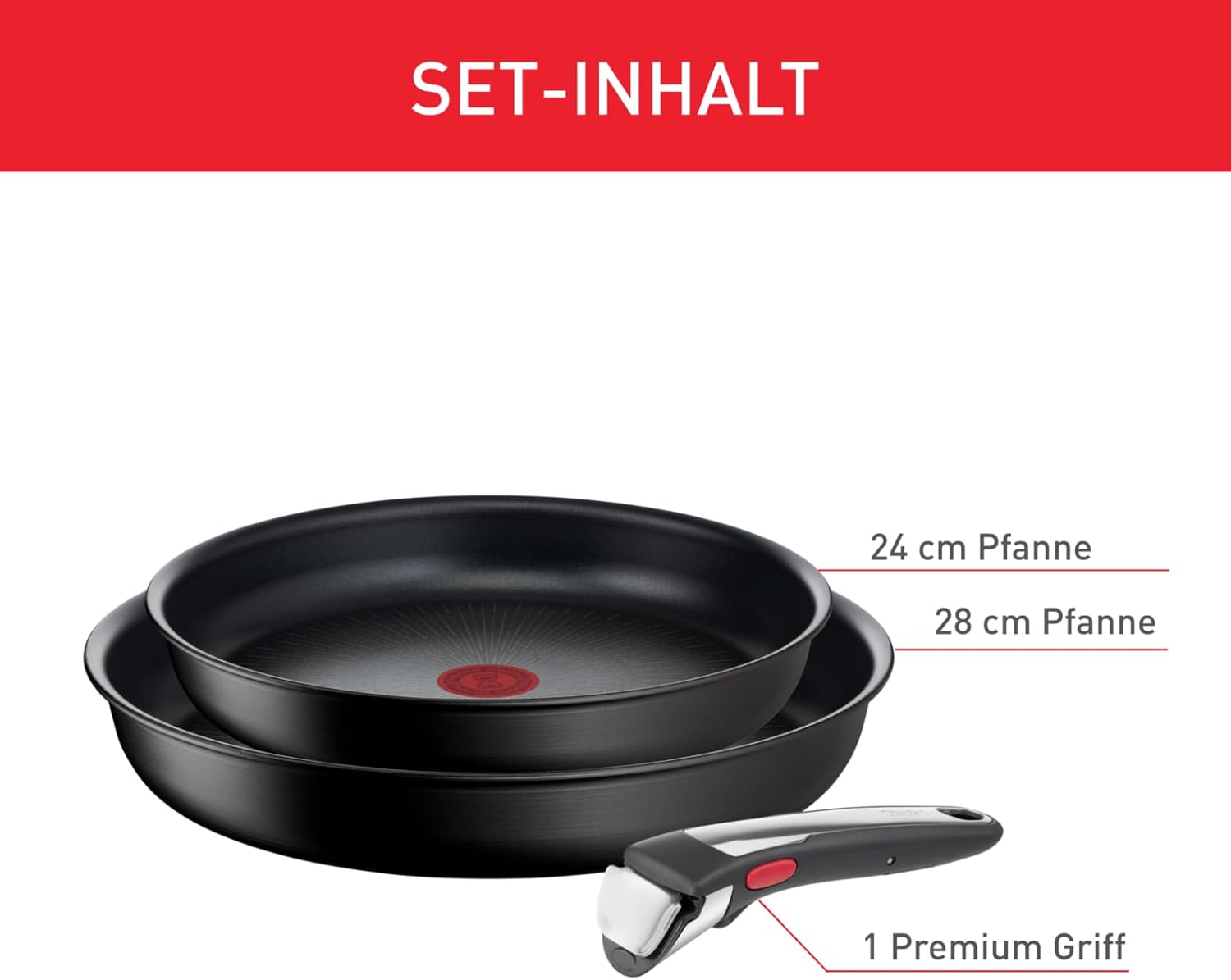 Detalle de Tefal Ingenio Unlimited On 3-teiliges Pfannenset mit abnehmbarem Griff, 24/28 cm – induktionsgeeignet
