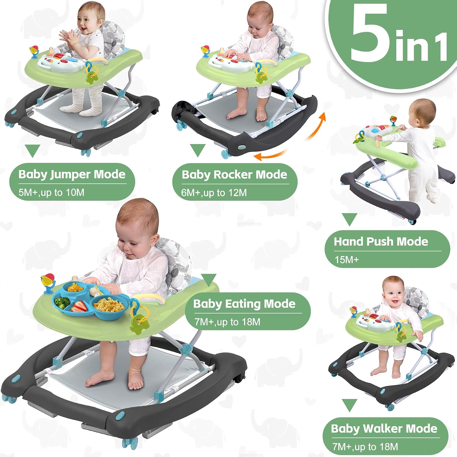 Detalle 2 de Pawtong 5-in-1 Baby Walker in Green with 3-Position Height Adjustment