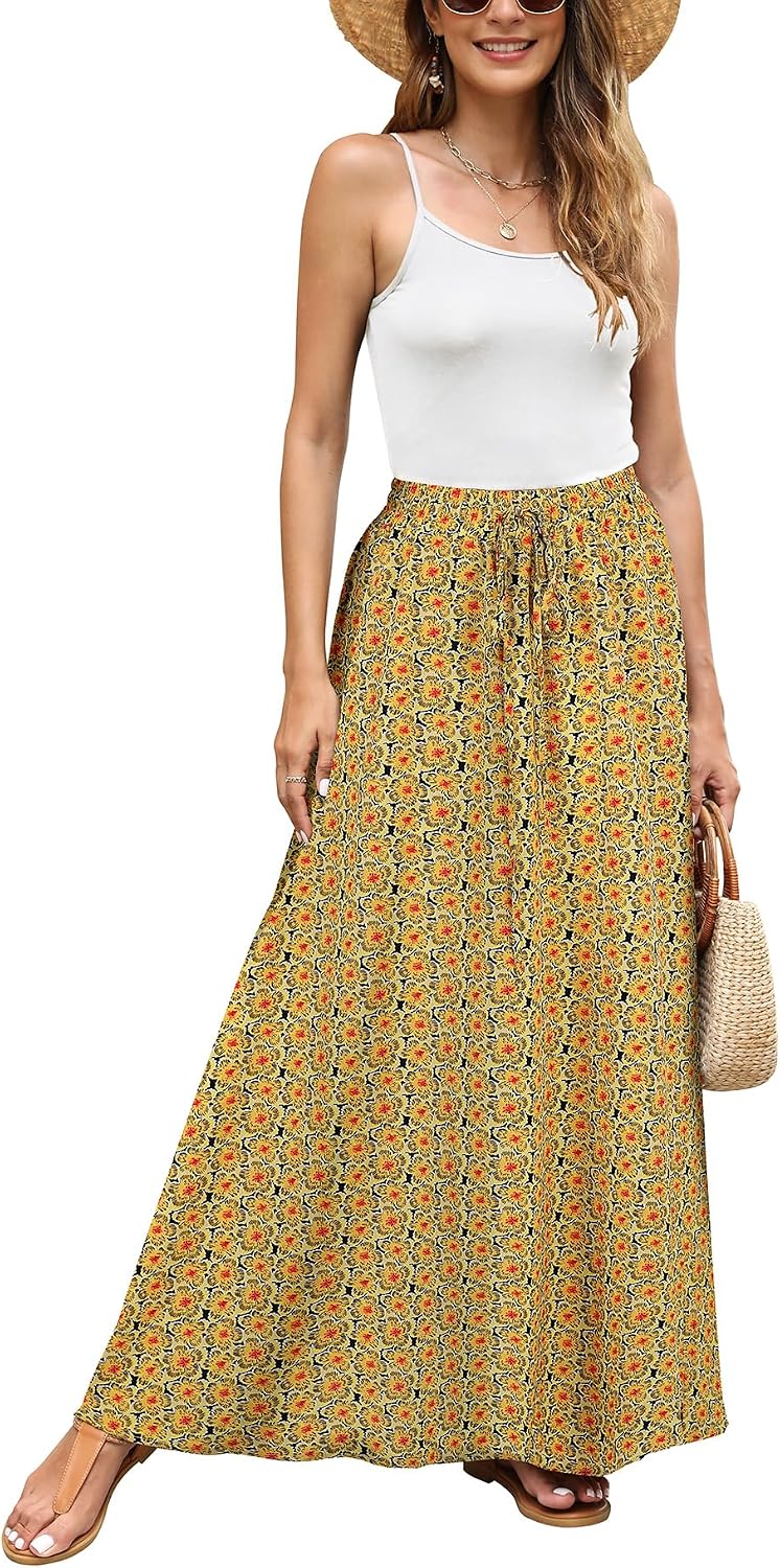 Detalle de Hount Damen Maxirock mit elastischer Taille – Boho-Strand- und Sommerrock