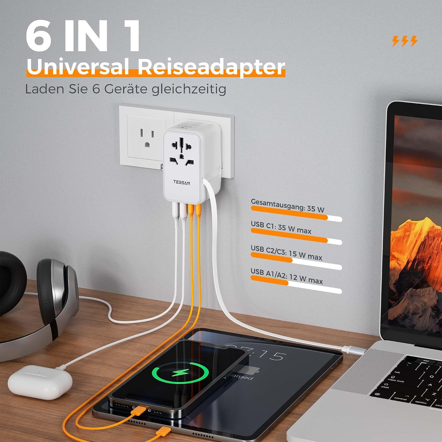Detalle 2 de TESSAN Reiseadapter Weltweit mit einziehbarem USB-C Kabel PD 35 W – universeller Steckdosenadapter mit 4 USB und 1 AC Steckdose