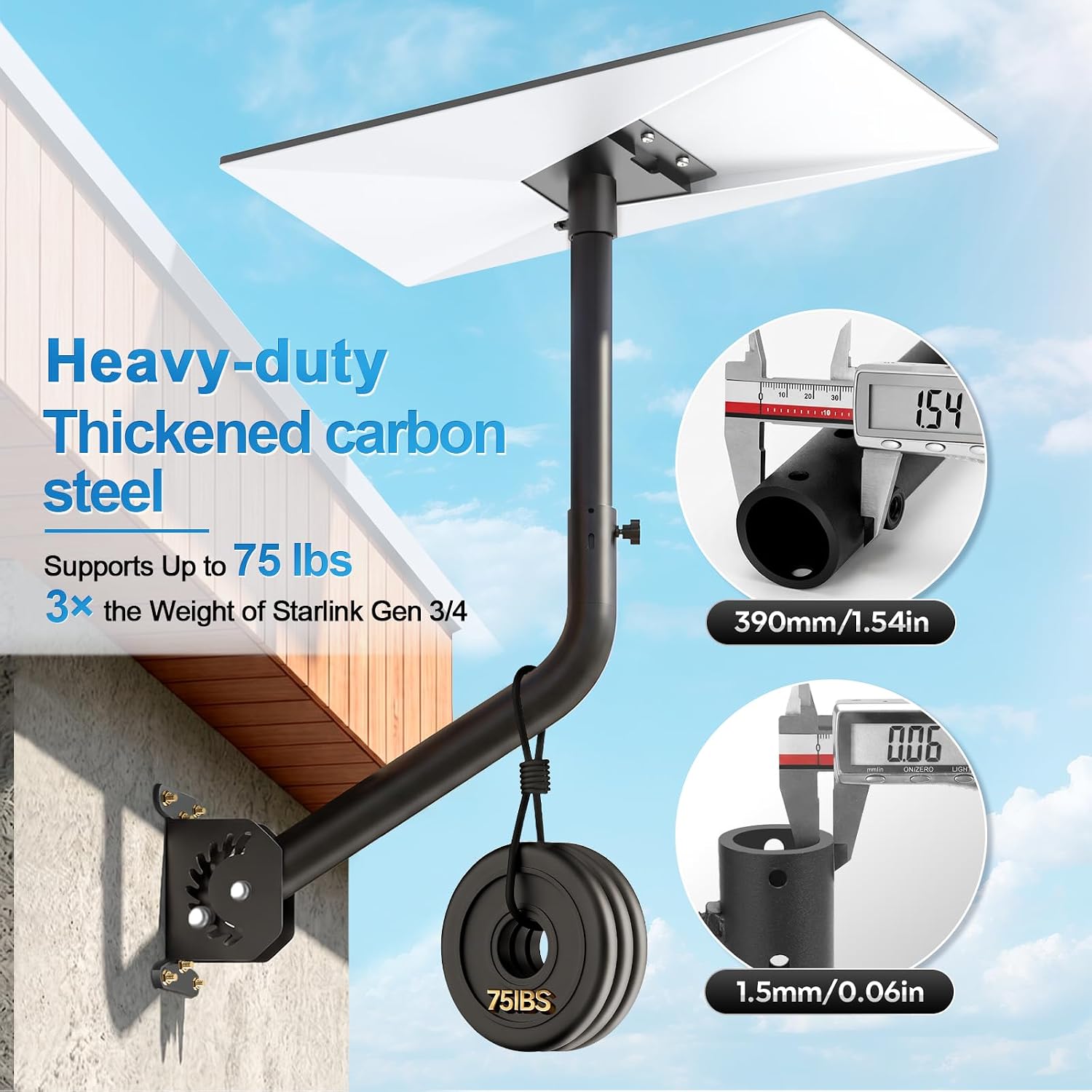 Detalle de Starlink Mount with Extension-Adjust Angle Without Disassembly | Gen 3 Roof/Wall Mount (Black)