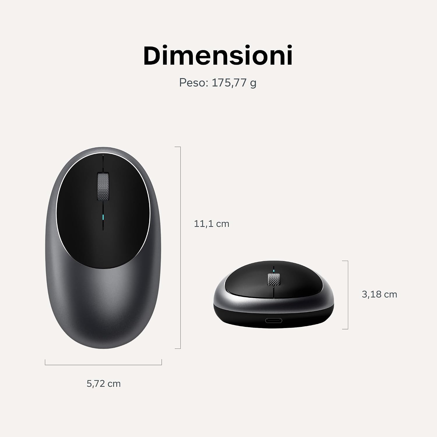 Thumbnail 5 de Satechi Mouse Wireless M1 in Alluminio – Bluetooth ricaricabile USB-C, 1200 DPI, compatibile con MacBook Pro/Air, iPad e PC