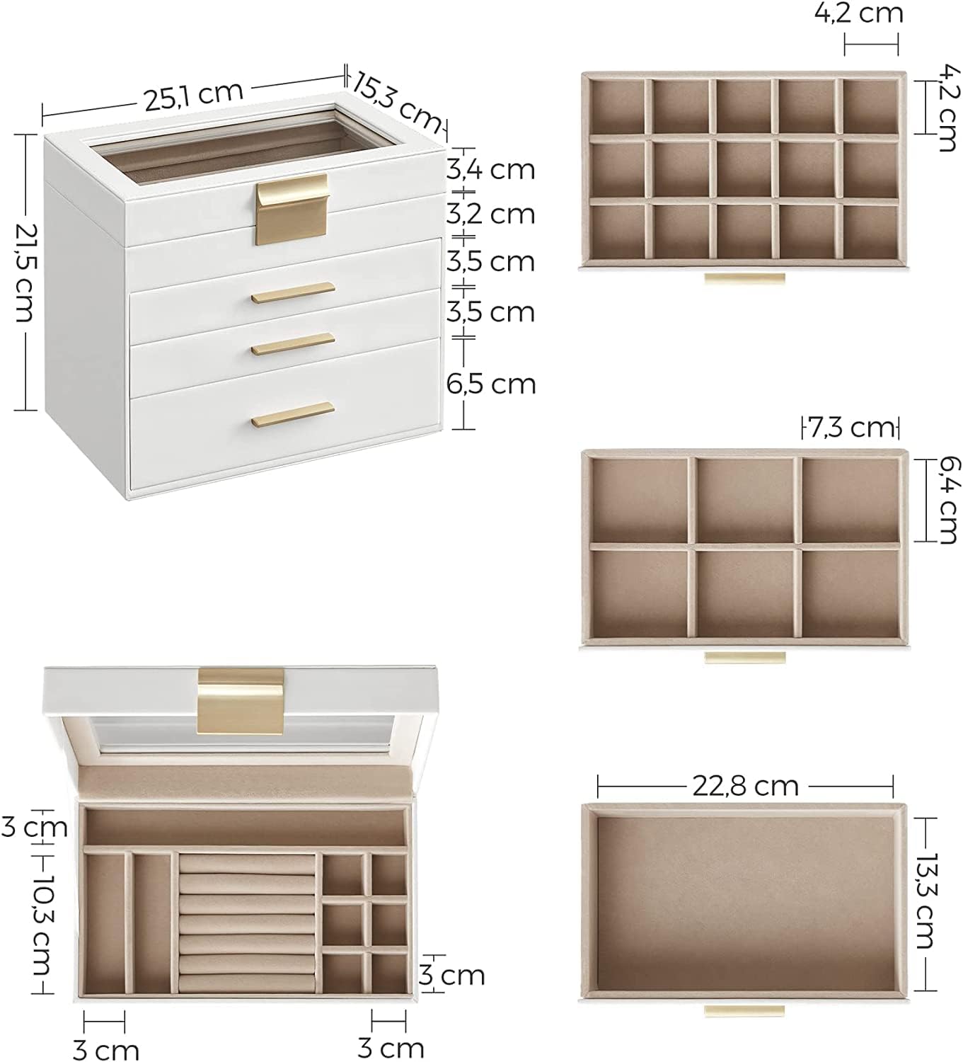 Thumbnail 5 de SONGMICS GISELLA Collezione – Portagioie con Coperchio in Vetro, 4 Livelli, 31 Scomparti, Bianco Nuvola e Dorato
