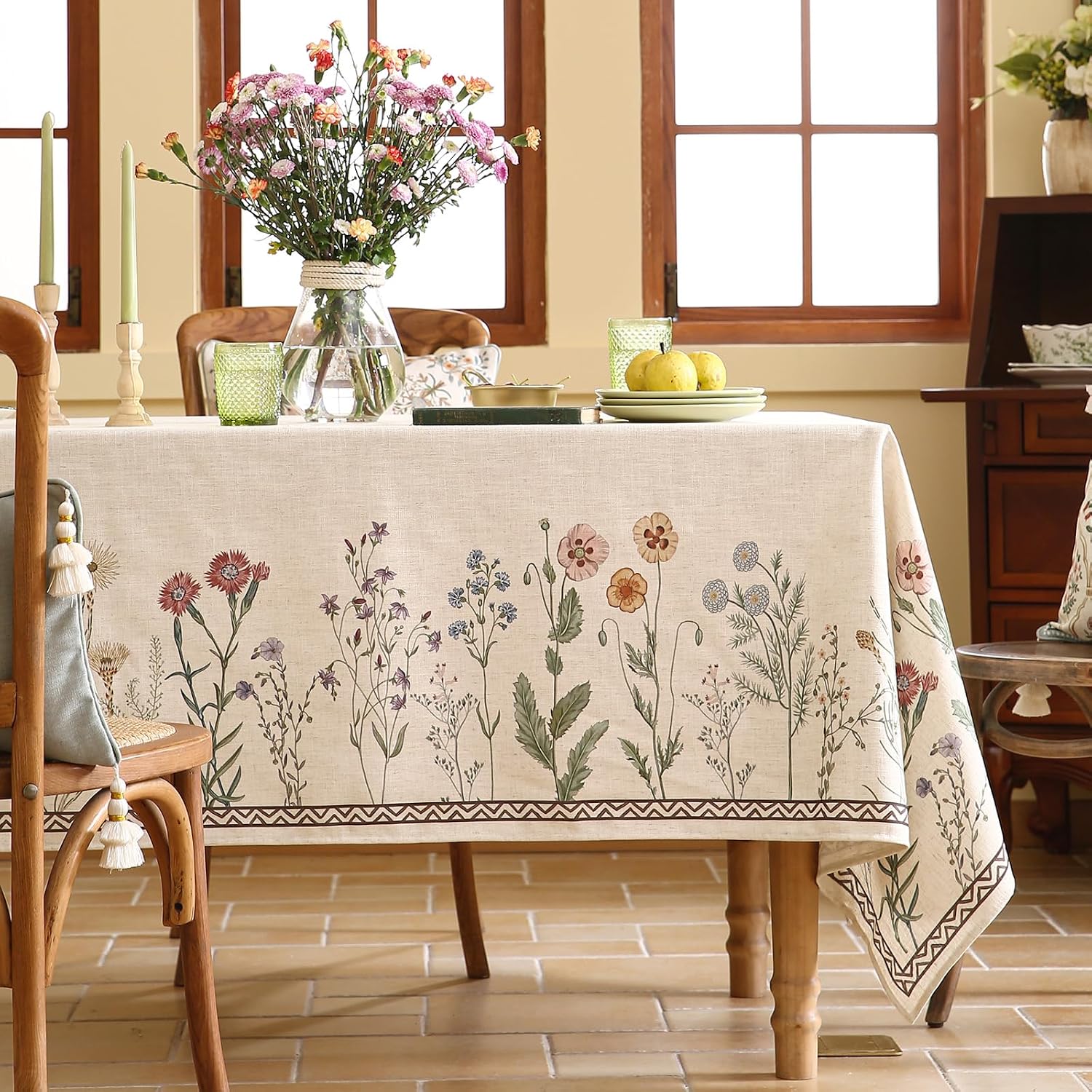 Detalle de ISAENNE Designer Linen Rectangular Long Tablecloth, 118" x 67" – Serenity G, Vintage Elegant French Style