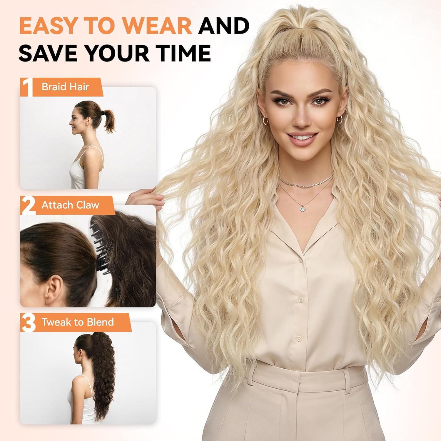 Thumbnail 5 de ZQIAN BEAUTY 30 Inch Clip-On Ponytail Extension — Long Curly, Blonde with Bleach Blonde Ends