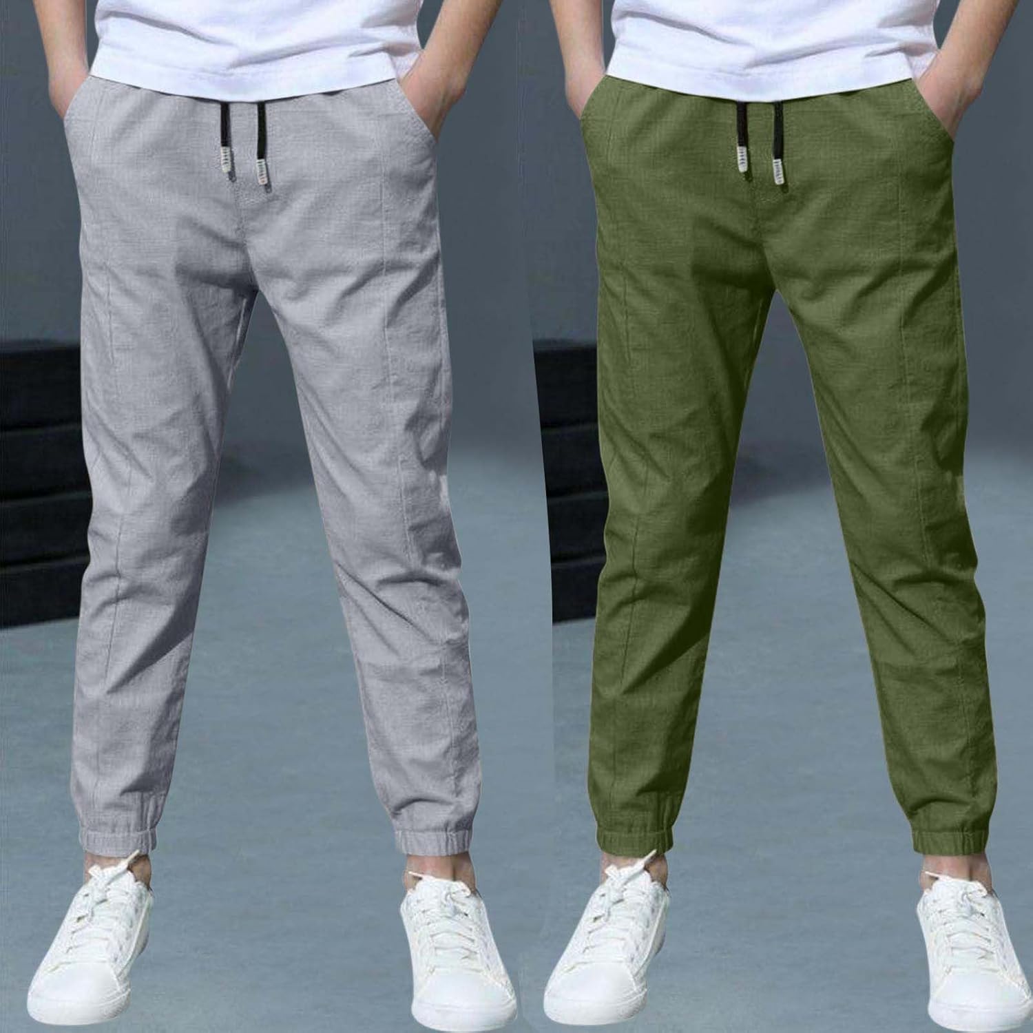 Detalle de DeHolifer: Confezione da 2 Pantaloni in Cotone e Lino per Ragazzo – Vita Elastica, Leggeri e Traspiranti