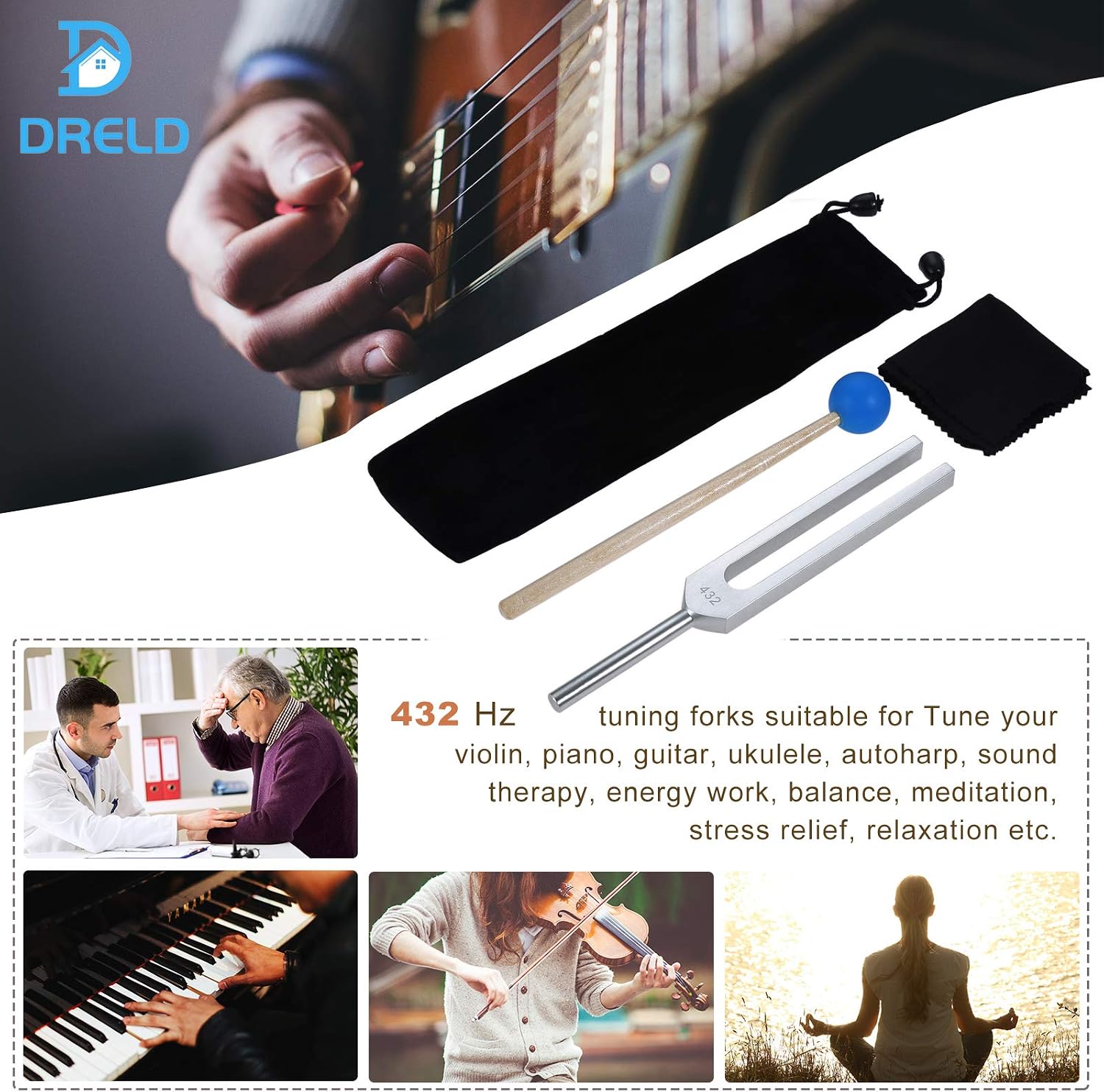 Detalle de DRELD 432 Hz Stimmgabel – Aluminiumlegierung, Silikonhammer und Samtbeutel