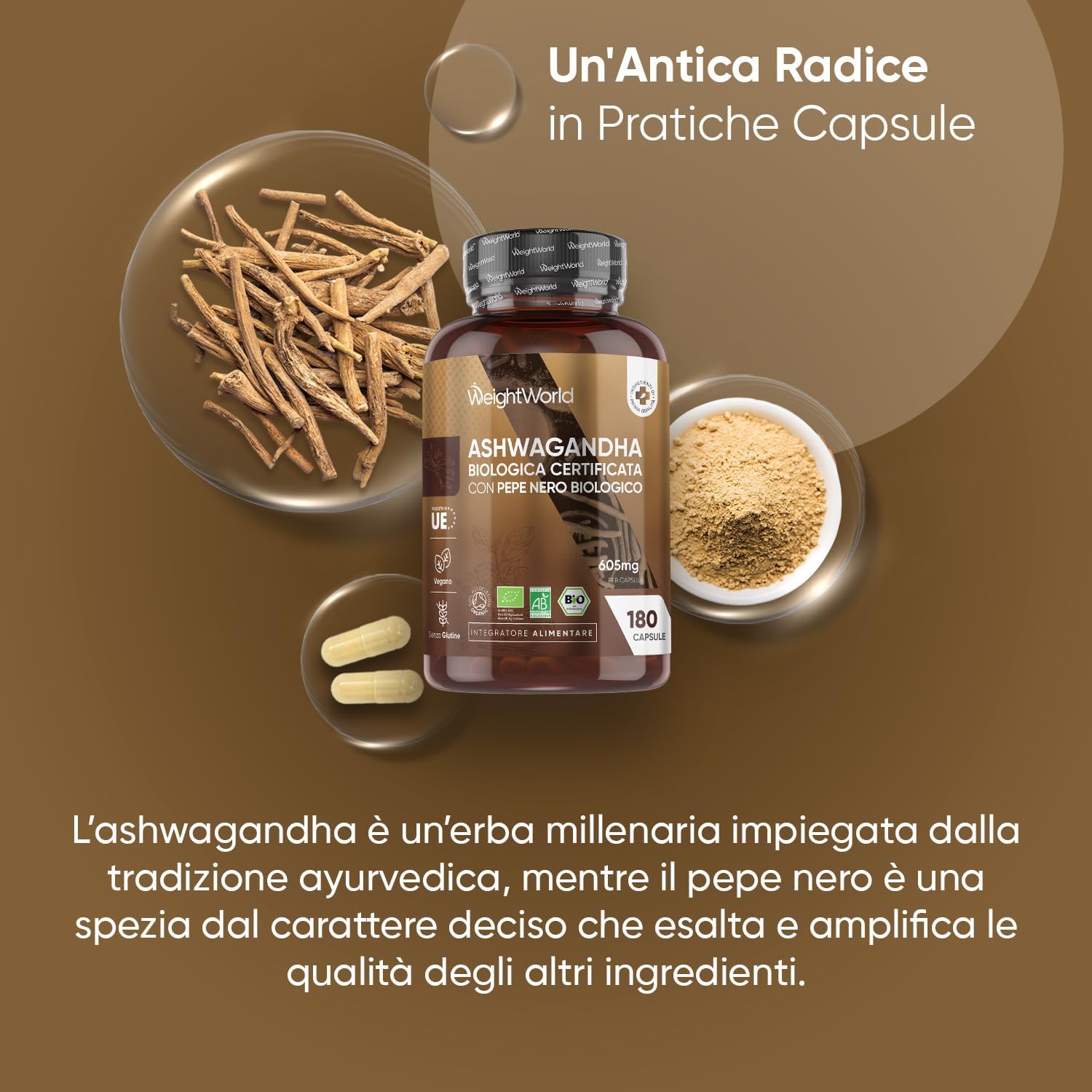 Thumbnail 1 de Ashwagandha Bio WeightWorld in 180 Capsule Vegane | 600 mg per capsula, certificata Soil Association