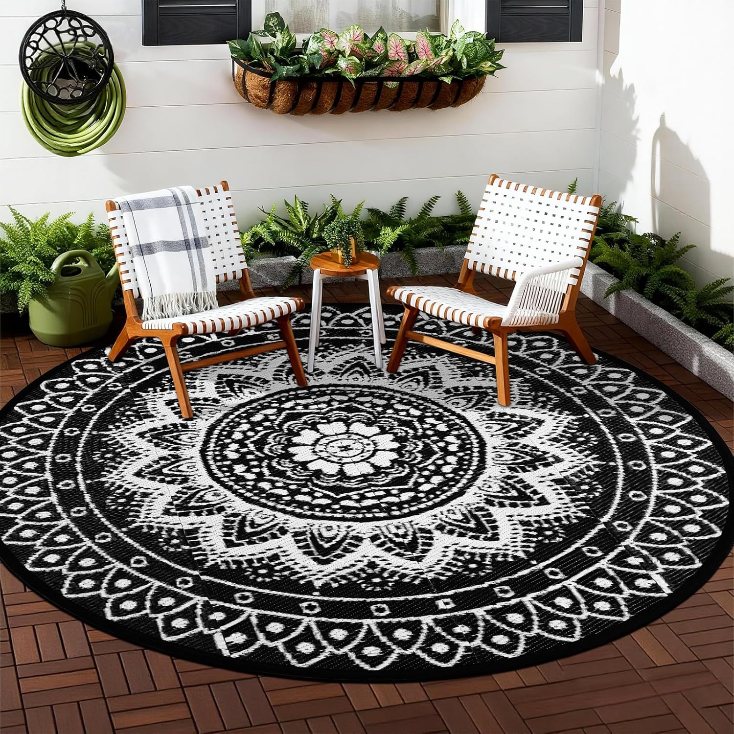 Detalle de VSIWB 240cm Round Outdoor Rug – Reversible Boho Pattern, Waterproof & Foldable