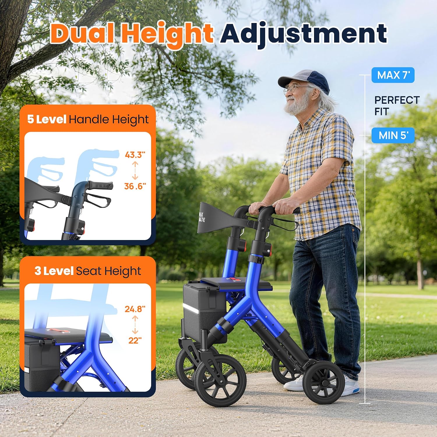 Detalle de WALK MATE Pro Blue rollator, verstelbaar en opvouwbaar met 25 cm wielen