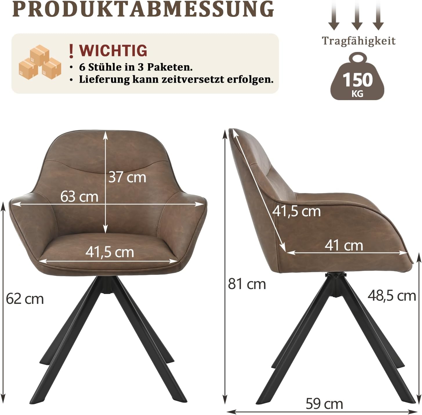 Detalle de Goeurvant Esszimmerstühle 6er-Set drehbar mit Armlehne aus Kunstleder (360°) – Dunkelbraun